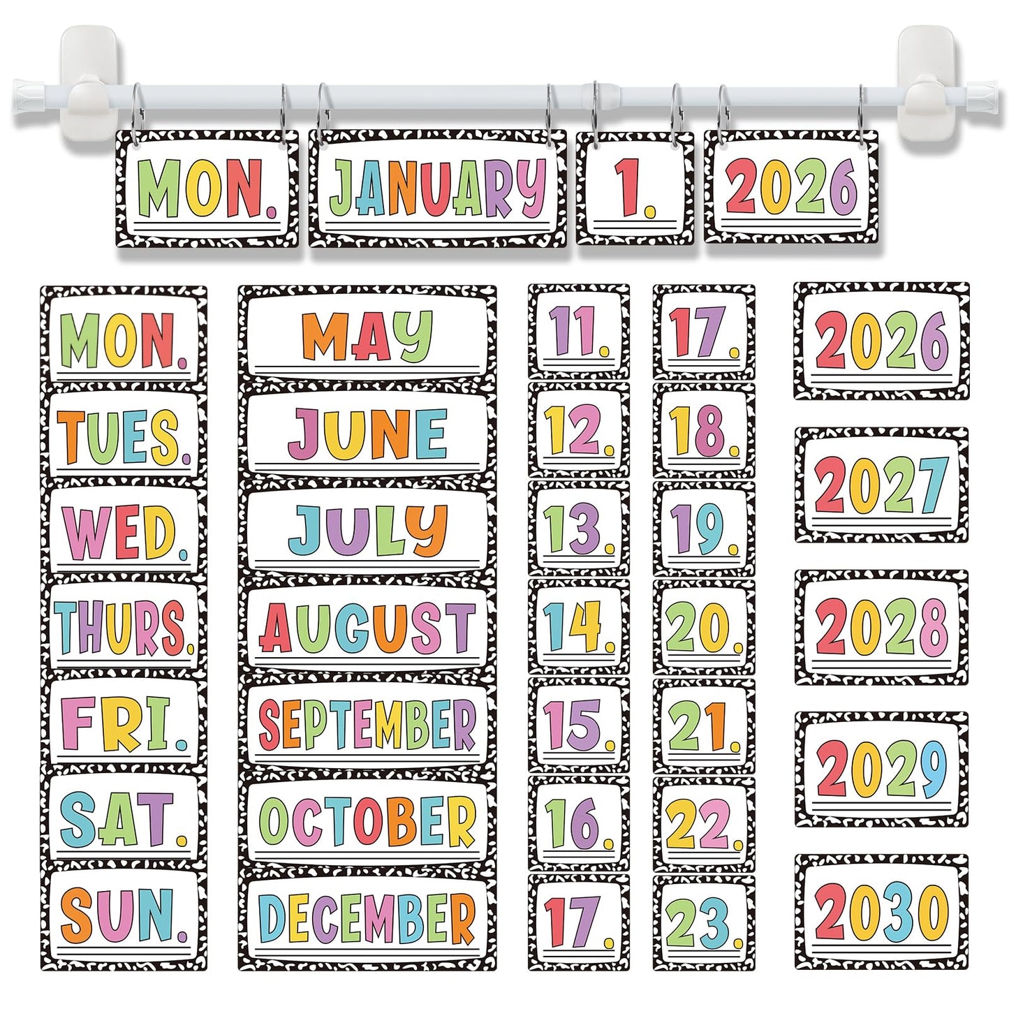 Upgraded 2-in-1 Flip Calendar for Classroom with Magnetic & Adhesive Fixing, Adjustable Magnetic Rod Flip Calendar for Whiteboard, Black and White Classroom Decor Bulletin Board Set (Speckled)