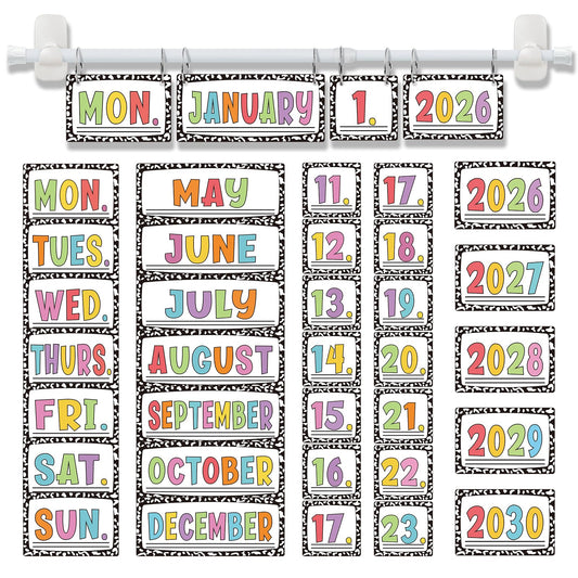 Upgraded 2-in-1 Flip Calendar for Classroom with Magnetic & Adhesive Fixing, Adjustable Magnetic Rod Flip Calendar for Whiteboard, Black and White Classroom Decor Bulletin Board Set (Speckled)