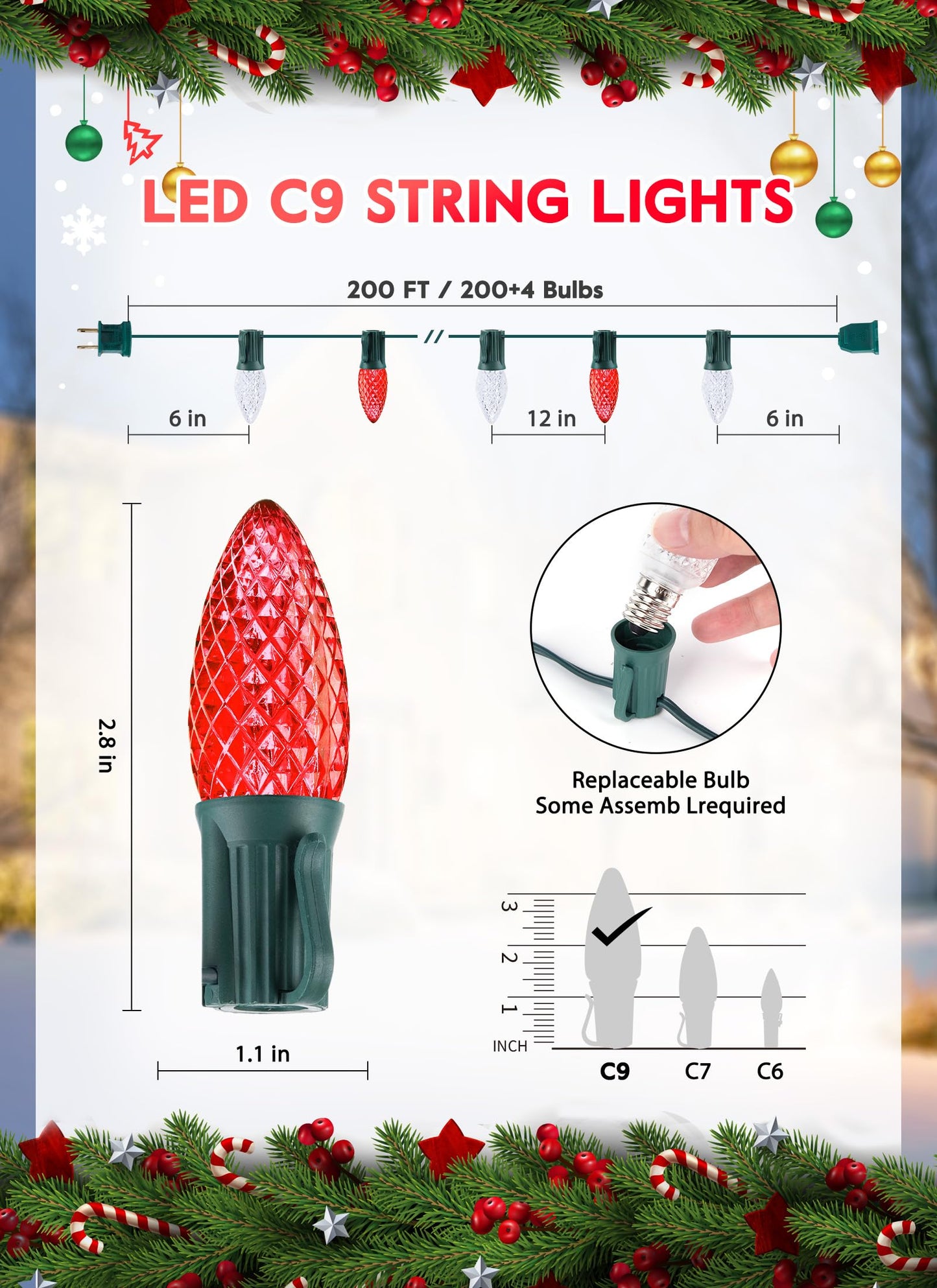 Minetom C9 Christmas String Lights, 200 LED, 200 Ft, Waterproof, Red and Pure White, Model GYPI-O200LAU