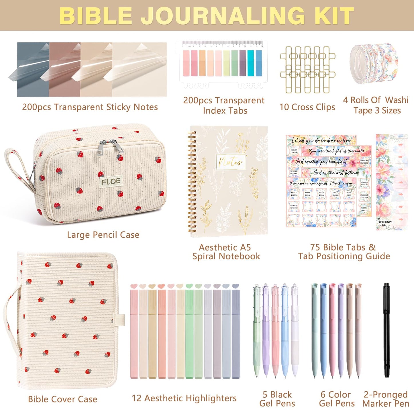 Bible Study Supplies Journaling Kit for Women with Bible Cover Case, Christmas Christian Gifts for Women Mom, Bible Study Tools Accessories Set w/Highlighter Pen, Pencil Case Notebook Annotation Kit