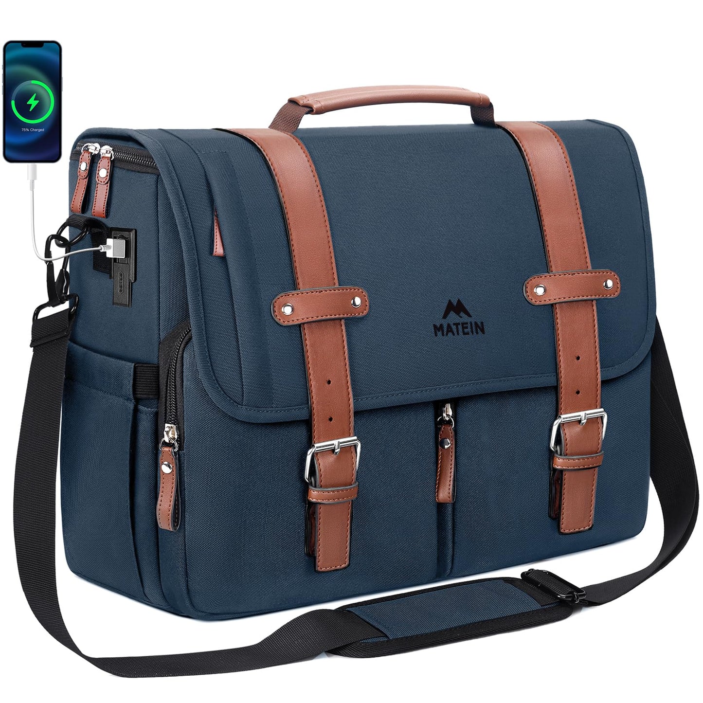MATEIN Laptop Briefcase for Work, 15.6 Inch Mens Messenger Bag with External USB Charging Port, Water Resistant Computer Crossbody Shoulder Satchel for Office Business Travel, Navy Blue