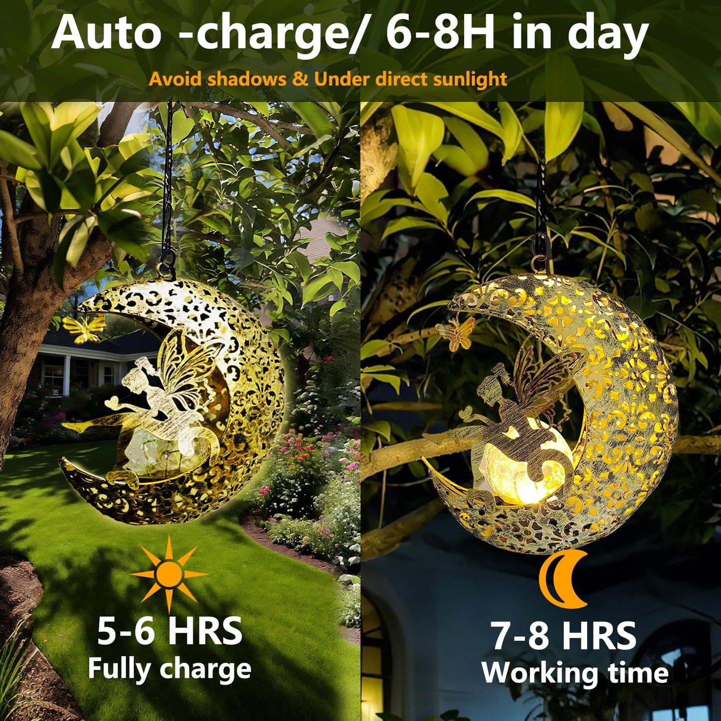 QCF Solar Garden Fairy Statue with Hanging Lights, Bronze Color, Fairy Moon, Model JY10003, Outdoor Metal Yard Art