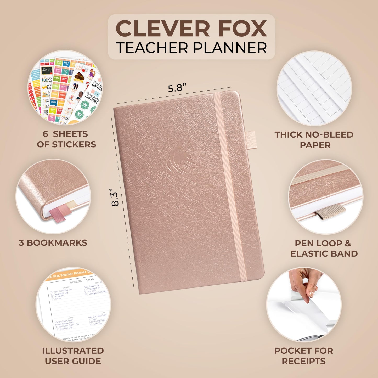 Clever Fox Teacher Planner – School Year Planner with Calendars & Lesson Plans – Teacher Plan Book for Classroom & Homeschool Organization - Undated, A5 Size, Hardcover (Rose Gold)