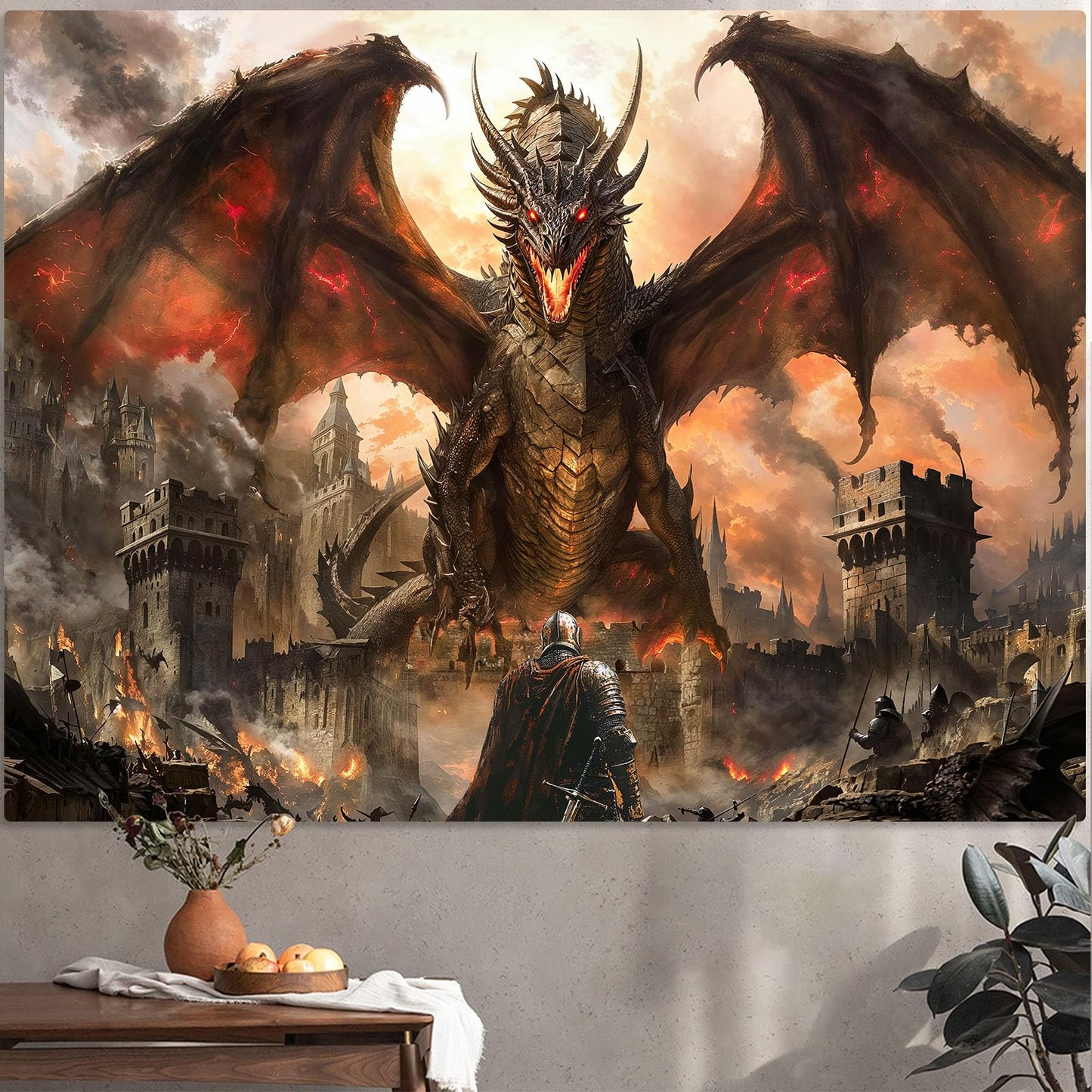 Spenlife Fire Dragon Siege Wall Tapestry, Fantasy Castle Battle Tapestries for Room Decor, Epic Tapestry 60x44 Inch