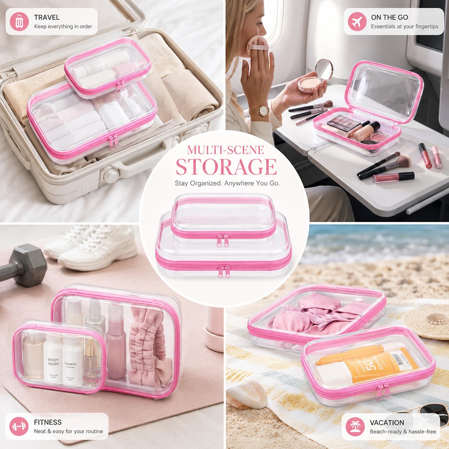 2-Pack Clear Hardshell Zipper Case, 1.2mm Thicken Crush-Proof Travel Toiletries Bag, TSA Approved Portable Zipper Pouches, Rigid Toiletry & Diaper Bag Organizer for Tech, Toys & Art Supplies(Pink)