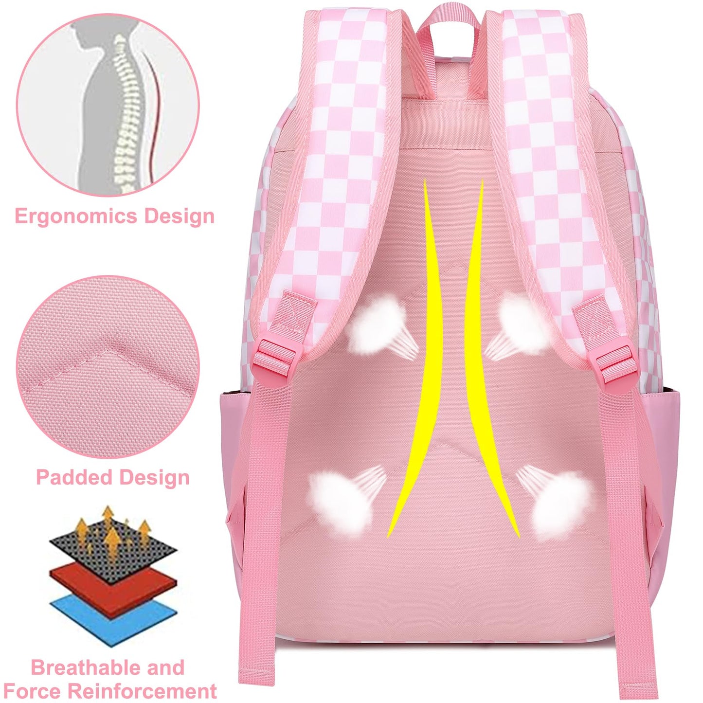 Sugaroom Checkered School Backpack for Girls with Lunch Box Lightweight Kids Bookbags Preschool Primary Elementary Students School Bags (Checkered Pink)