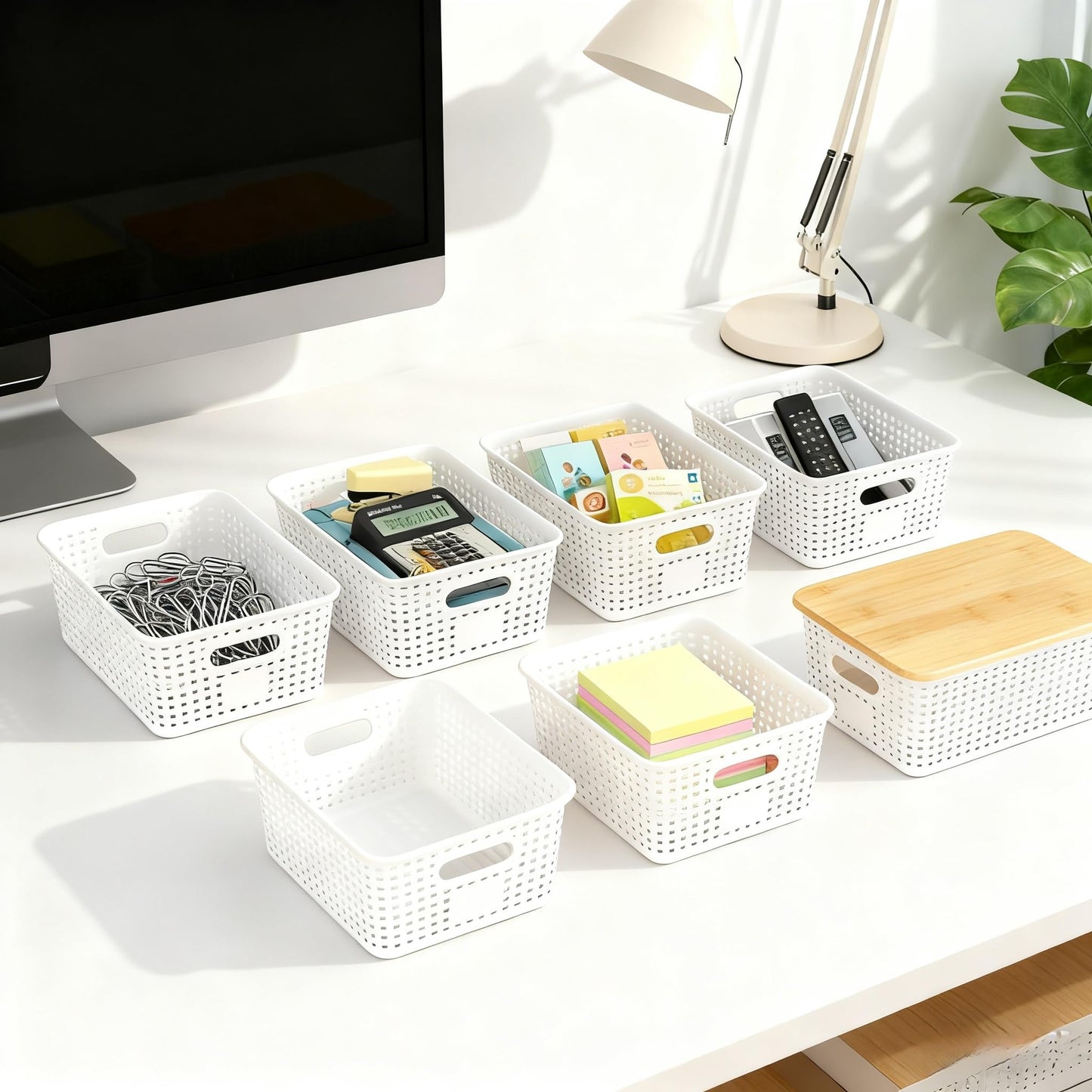 6Pcs Storage Bins with Lids, Stackable Plastic Storage Basket with Bamboo Lid, Pantry Organizer Box Small Containers for Organizing Shelves Drawer Desktop Closet Cabinet Office Classroom 10x7.1x4.1in