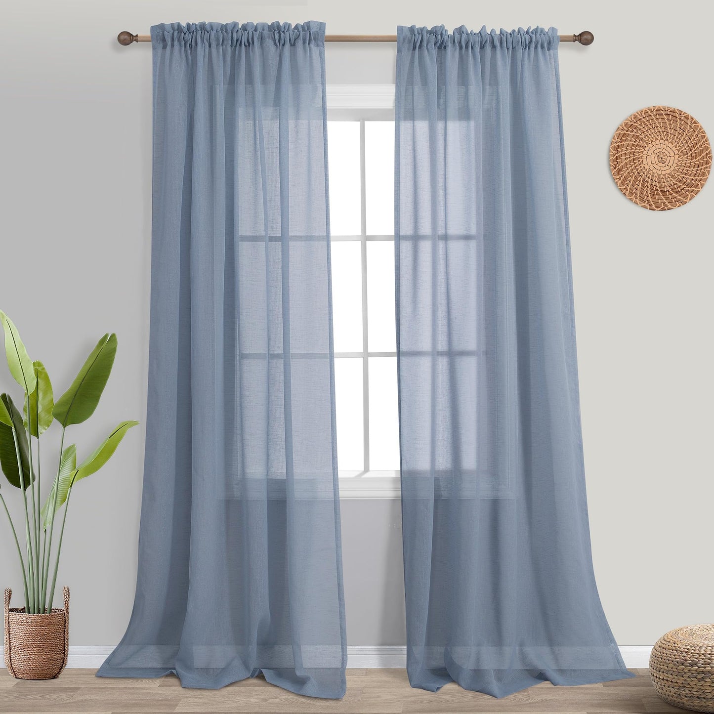 KOUFALL Dusty Blue Sheer Curtains 84 Inches Long,Semi Filtering Stone Light Blue Linen Look Curtains for Living Room Bedroom,Slate Grey Blue