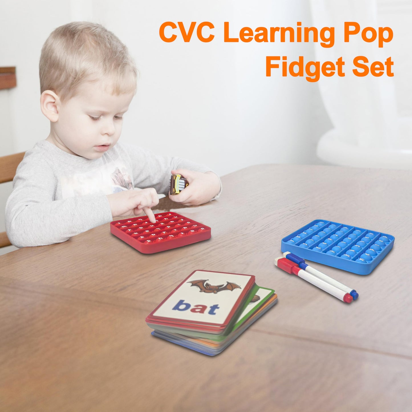 CVC Learning Pop Fidget Set with Flash Cards - Educational Spelling and Reading Game for Preschool and Kindergarten, Includes Colorful Erasable Pens and Fidget Boards