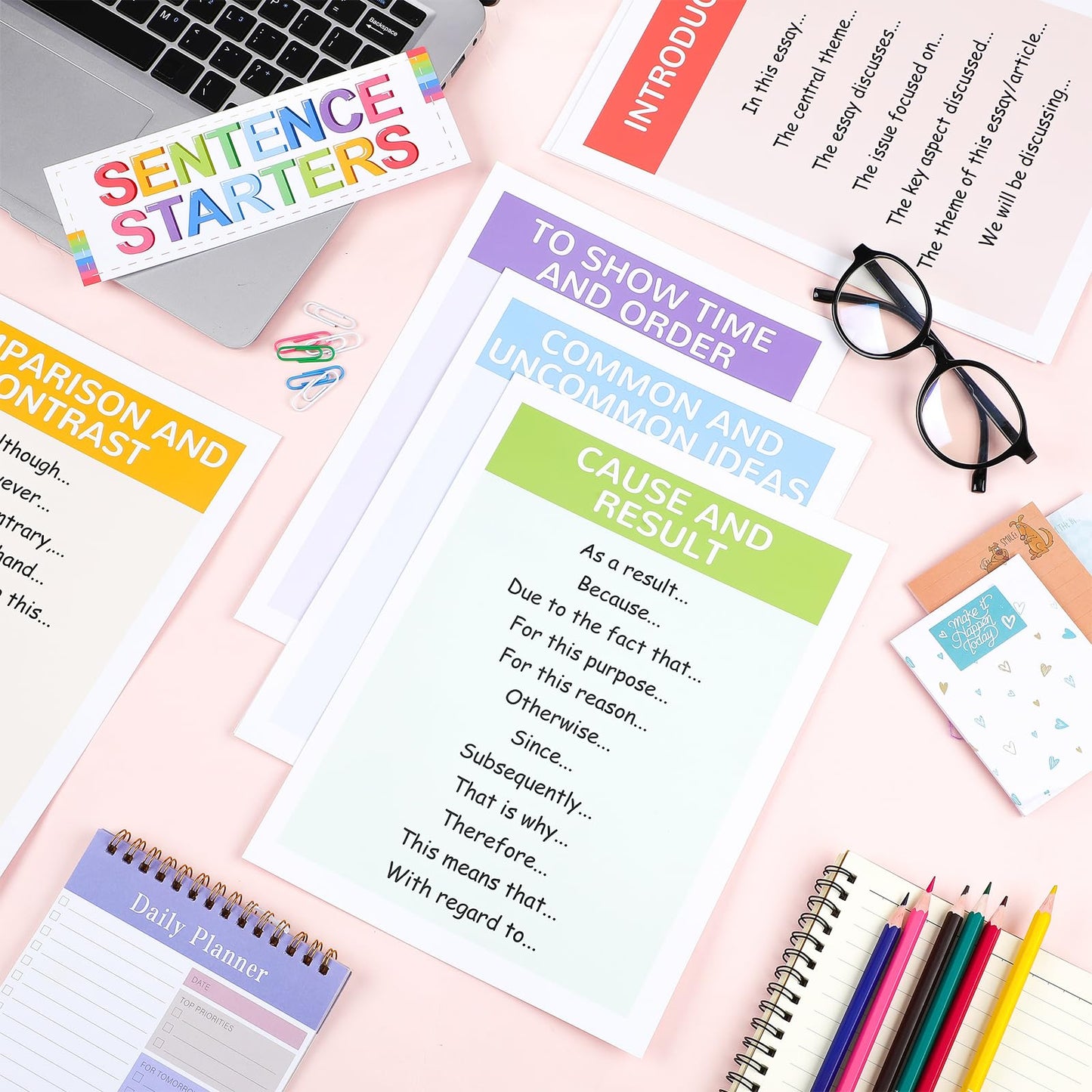 Dunzoom 9 Pieces Sentence Starters Posters Descriptive Vocabulary Classroom Educational Posters English Grammar Chart Bulletin Board Decoration for Middle High School Classroom(Classic Style)