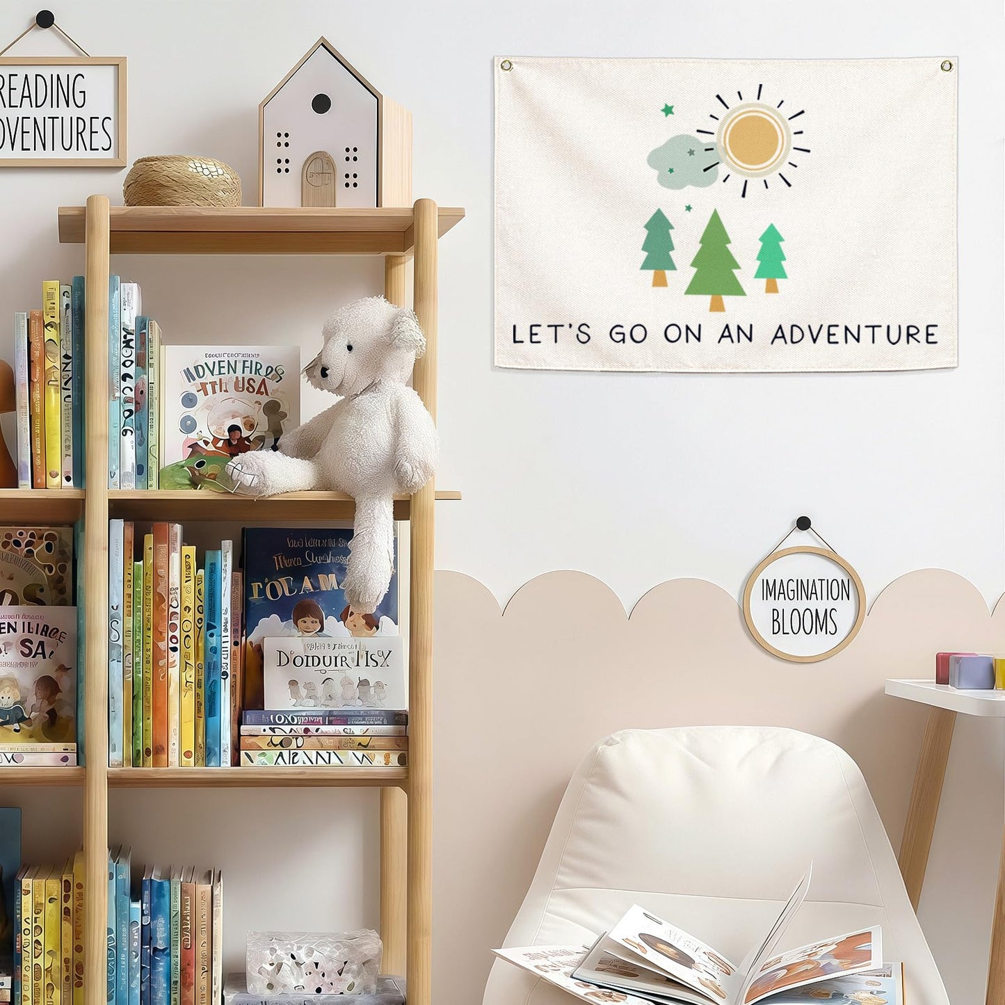 Nursery Canvas Rectangular Banner Flag Poster Wall Decor-Hanging Wall Decoration for Nursery Bedroom Playroom,Birthday Christmas Gift for Baby Kids Girl Boy Teen,Let’s Go On an Adventure 28.5"L×20"W