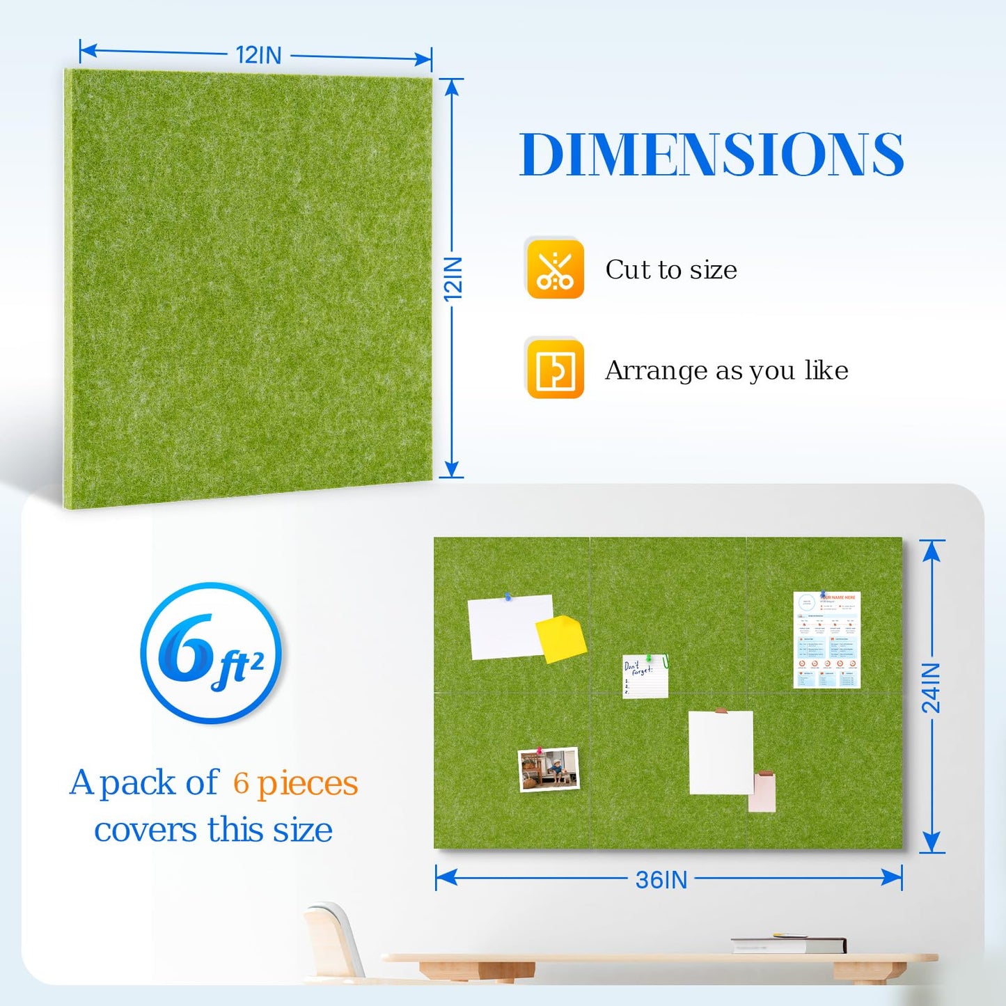 DOLLAR BOSS Felt Cork Board Tiles, 6 Packs 12" x 12" 1/2" Thick Cork Bulletin Board Self Adhesive Corkboards for Walls with 60 Pushpins for Home Office Kitchen School Decor Display, Green
