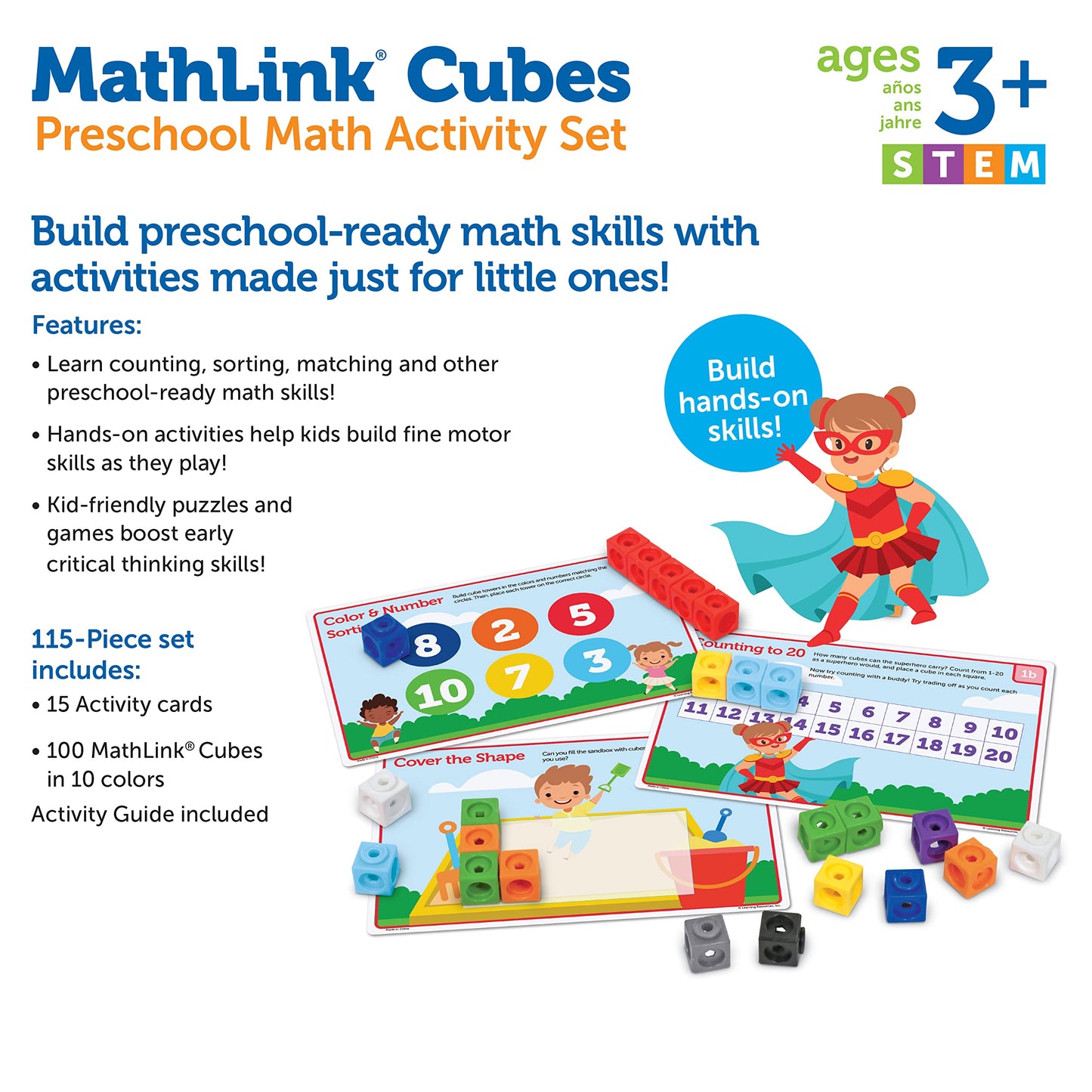 Learning Resources MathLink Cubes Preschool Math Activity Set - Classroom Must Haves, Teacher School Supplies, Toddler Montessori Toys,Building Blocks, Math Manipulatives, Homeschool Games