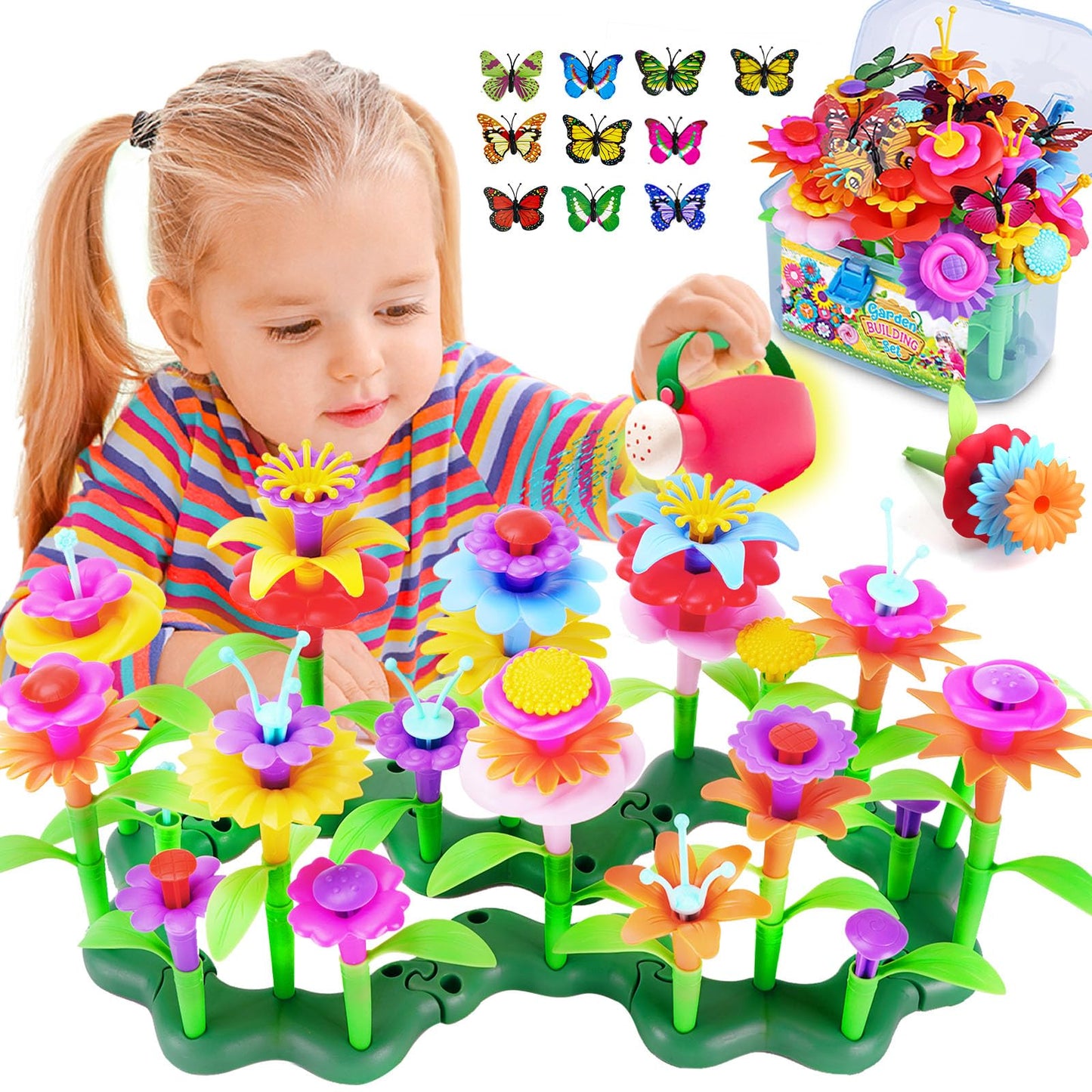 FUNZBO 109pcs Flower Garden Building Toy Set - Spring Toys for 3 4 5 6 7 Years Old Girl, STEM Montessori Educational Toy for Kid Toddler, Sorting & Stacking Building Block Birthday Gift for Girls