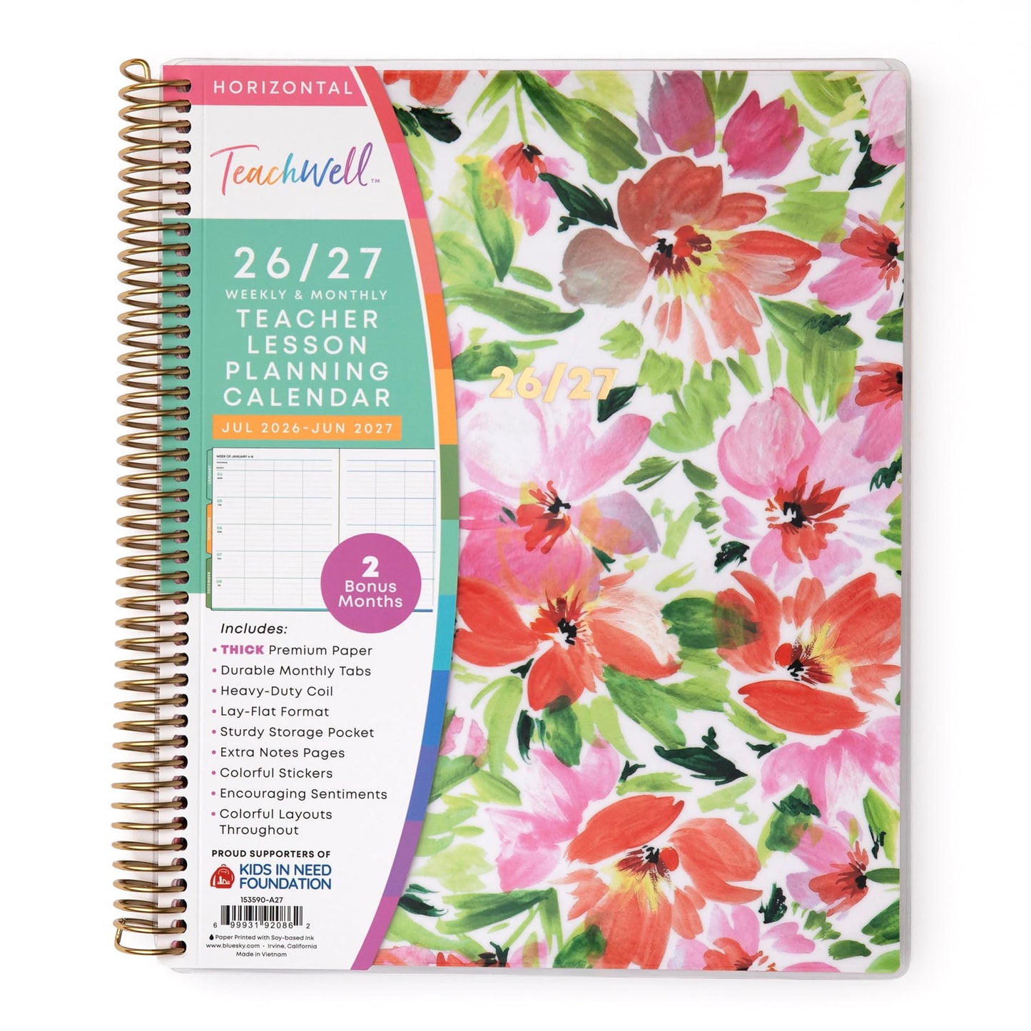 Blue Sky Teachwell 2026-2027 Weekly and Monthly Academic Year Teacher Lesson Planner Calendar, July 2026 - June 2027, 8.5" x 11", Flexible Cover, Heavy Duty Coil Binding, Colorful Interior, Laminated Tabs, Storage Pocket, Includes Stickers, Meilani
