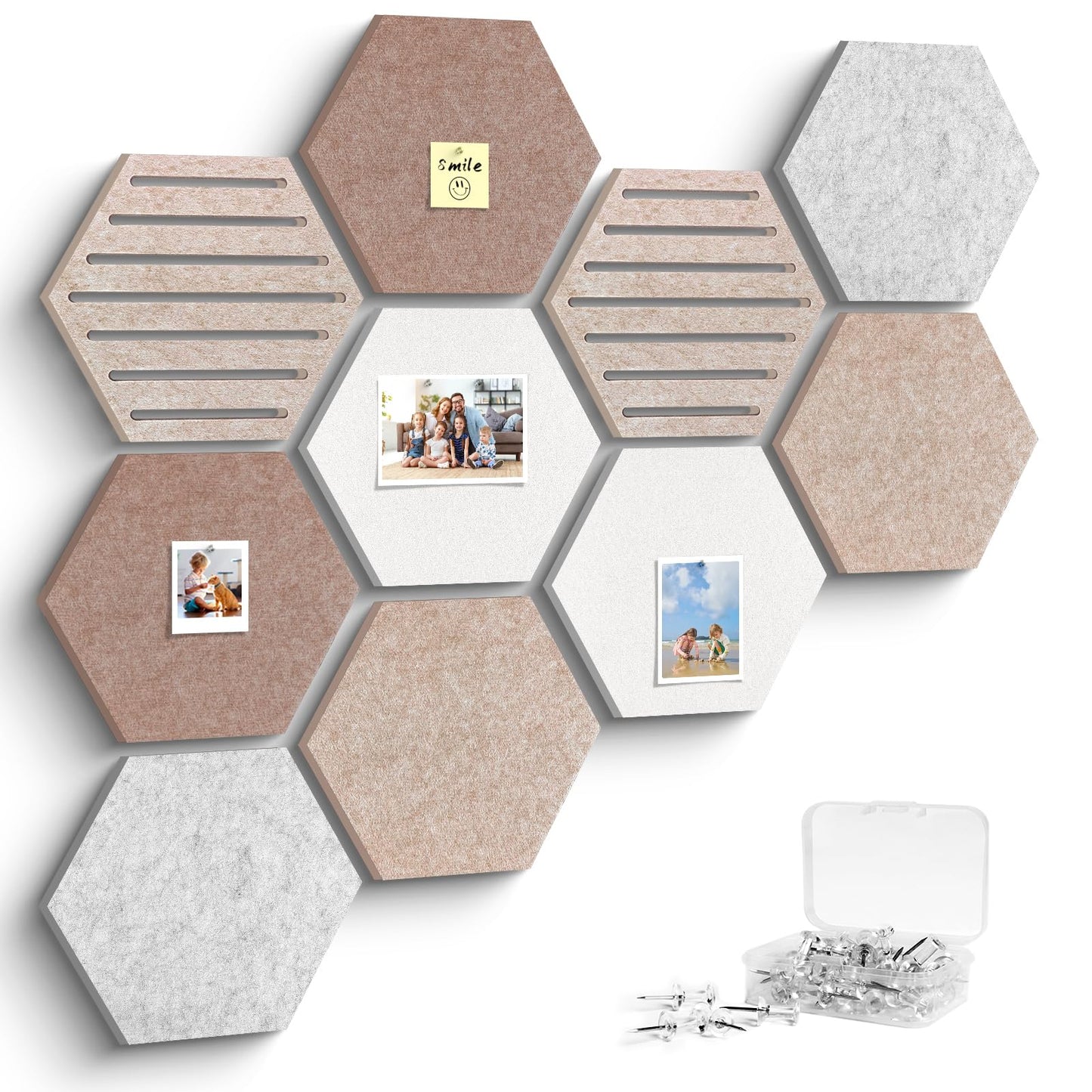 Hexagon Cork Bulletin Board Tiles, 10 Pack Felt Board with 25 Push Pins, Photo Display Board for Office & Home Classroom Wall Decor, 11.8x10.2 Inches