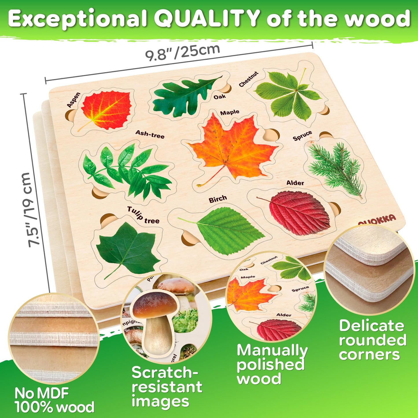 QUOKKA Wooden Puzzles for Toddlers 2-4 – 3X Set Montessori Toys Puzzles for Kids Ages 3-5 – Wood Educational Baby Game 12-18 Months – Gift Learning Mushrooms Flowers Leaves for Boy and Girl 3-5