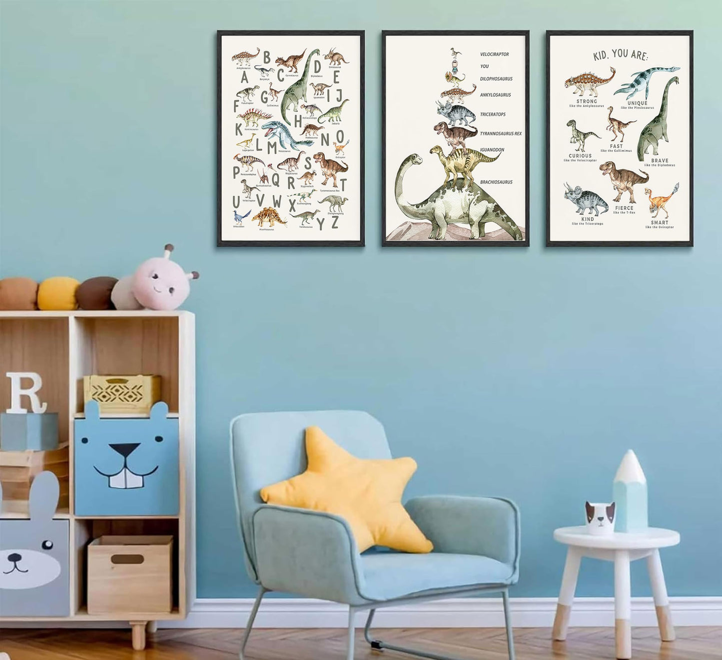 3Pcs Kids Dinosaur Species Wall Art Dinosaur Alphabet Canvas Painting Boys Room Wall Decor Tyrannosaurus Encyclopedia Educational Posters Prints Teen Cool Pictures for Home Classroom Nursery Unframed