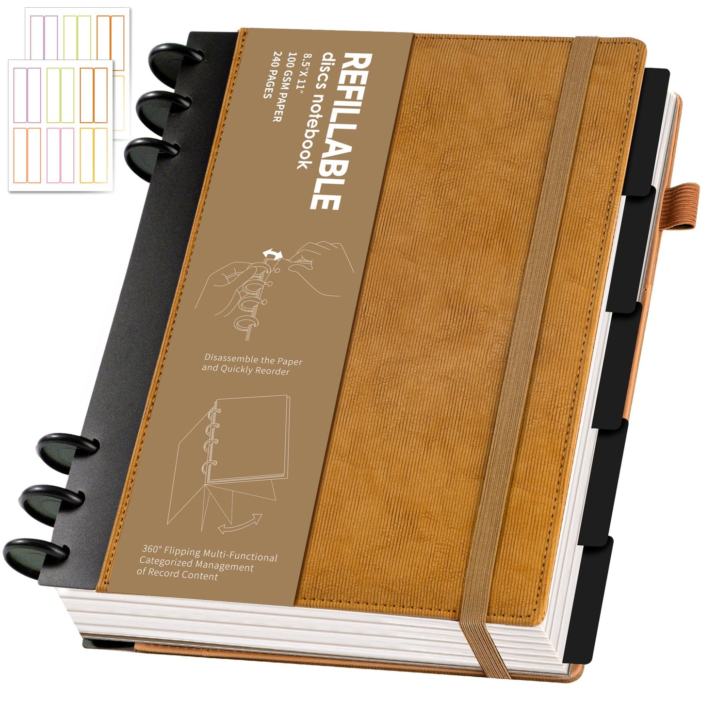 Yoment Refillable Notebooks for Work Discbound: Hardcover Notebook with 5 Subject Removable Dividers Tabs Colleged Ruled Large Journal for Writing Women Men 240 Pages,Brown