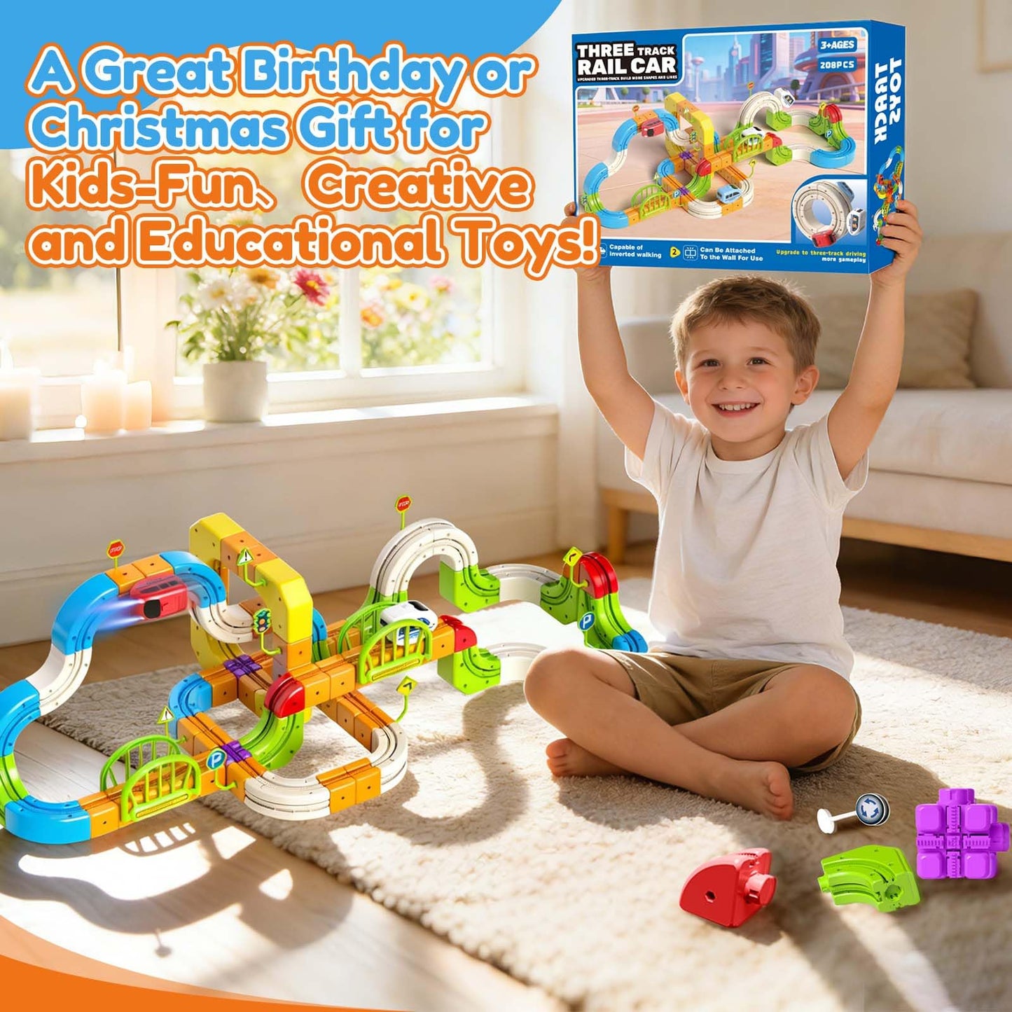 Electric Train Set for Kids Ages 3-8, 208Pcs 3D Flexible Race Track Toy, Gravity-Defying 360° Loop Building Set, STEM DIY Railroad Learning Toy Gift for Toddlers Boys Girls