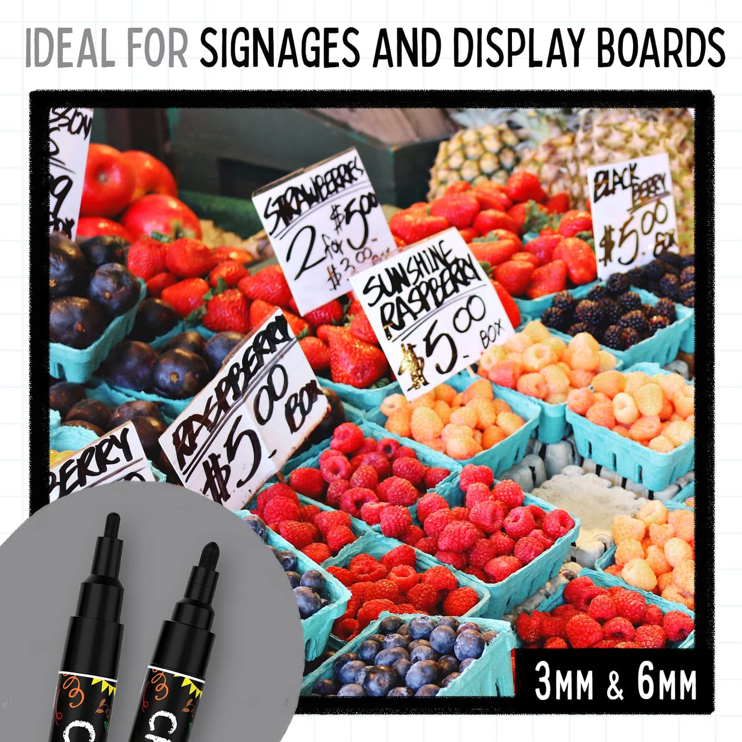 5 Black Chalkboard Chalk Markers - Black Dry Erase Markers for Blackboard, Chalkboard Signs, Windows, Glass | Variety Pack - Fine & Jumbo Size Ink Pen (1mm, 3mm, 6mm, 10mm, 15mm)