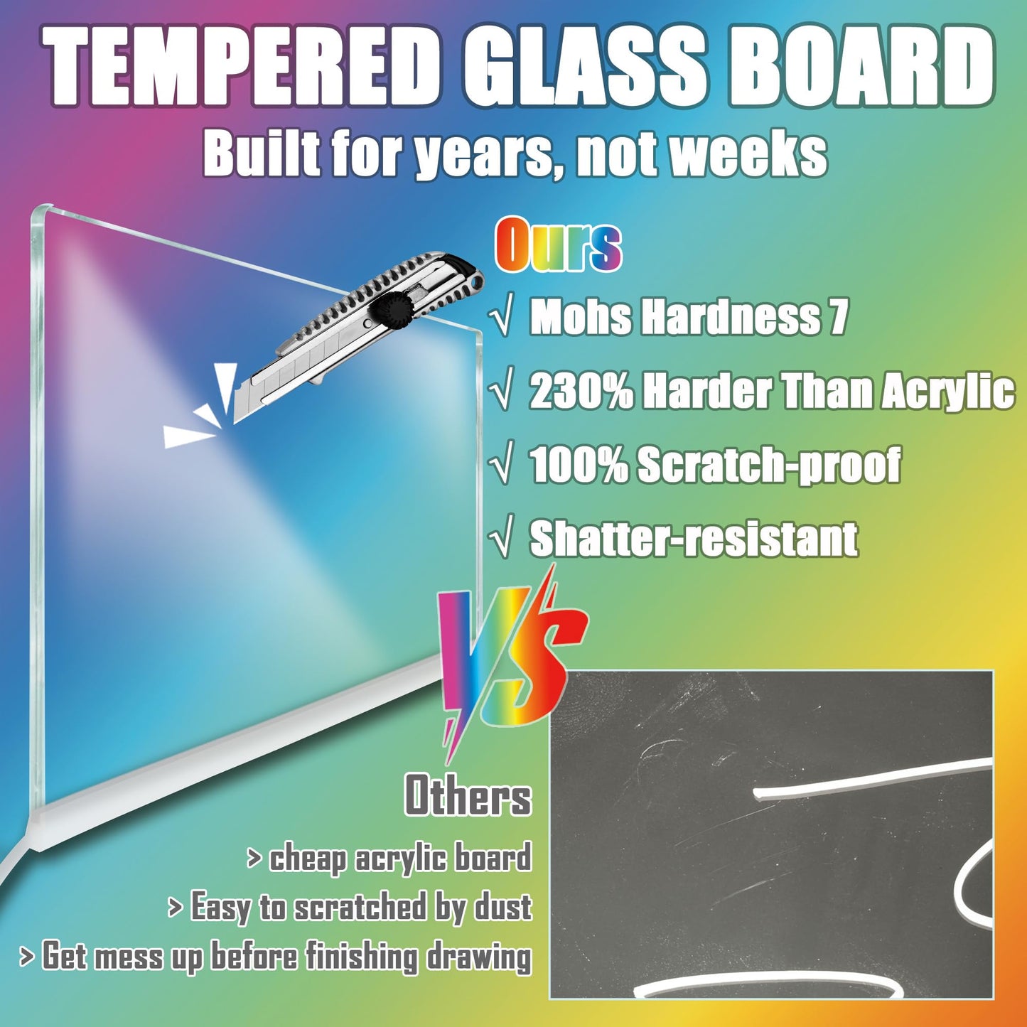 Scratch‑Proof Glass LED Drawing Board with 16 Million Colors & 256 Dynamic Effects, LED Note Board with Colors, Light Up Drawing Board with 12 Pens, Cleaning Cloth & Gloves, 11.81’’X7.87’’