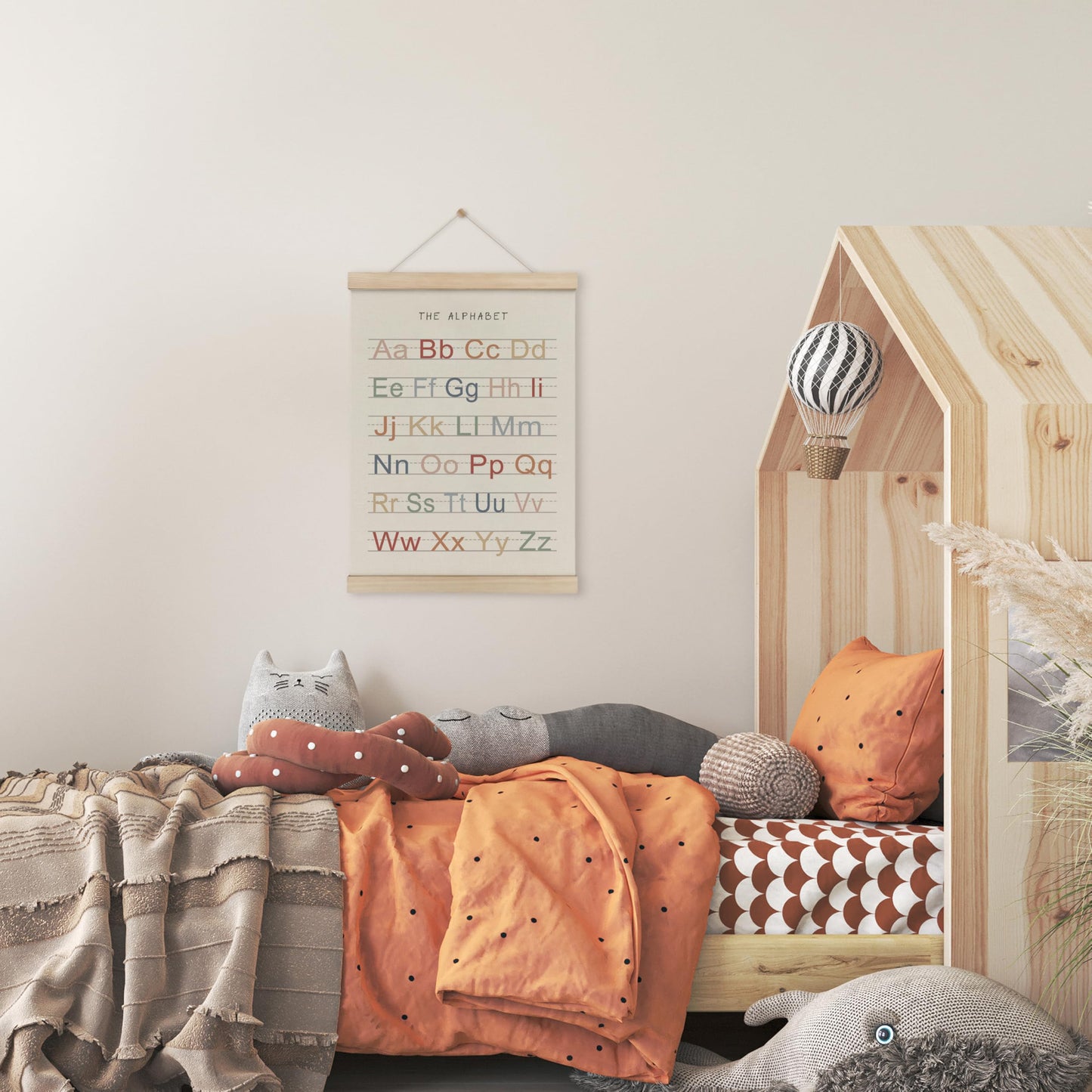 HRQKO Alphabet Poster Hanger Frame, Nursery Wall Decor, Boho ABC Poster Wall Art with Wooden Frames, Alphabet Banner Wall Hanging Decor for Toddler Playroom, 12x16 Inch