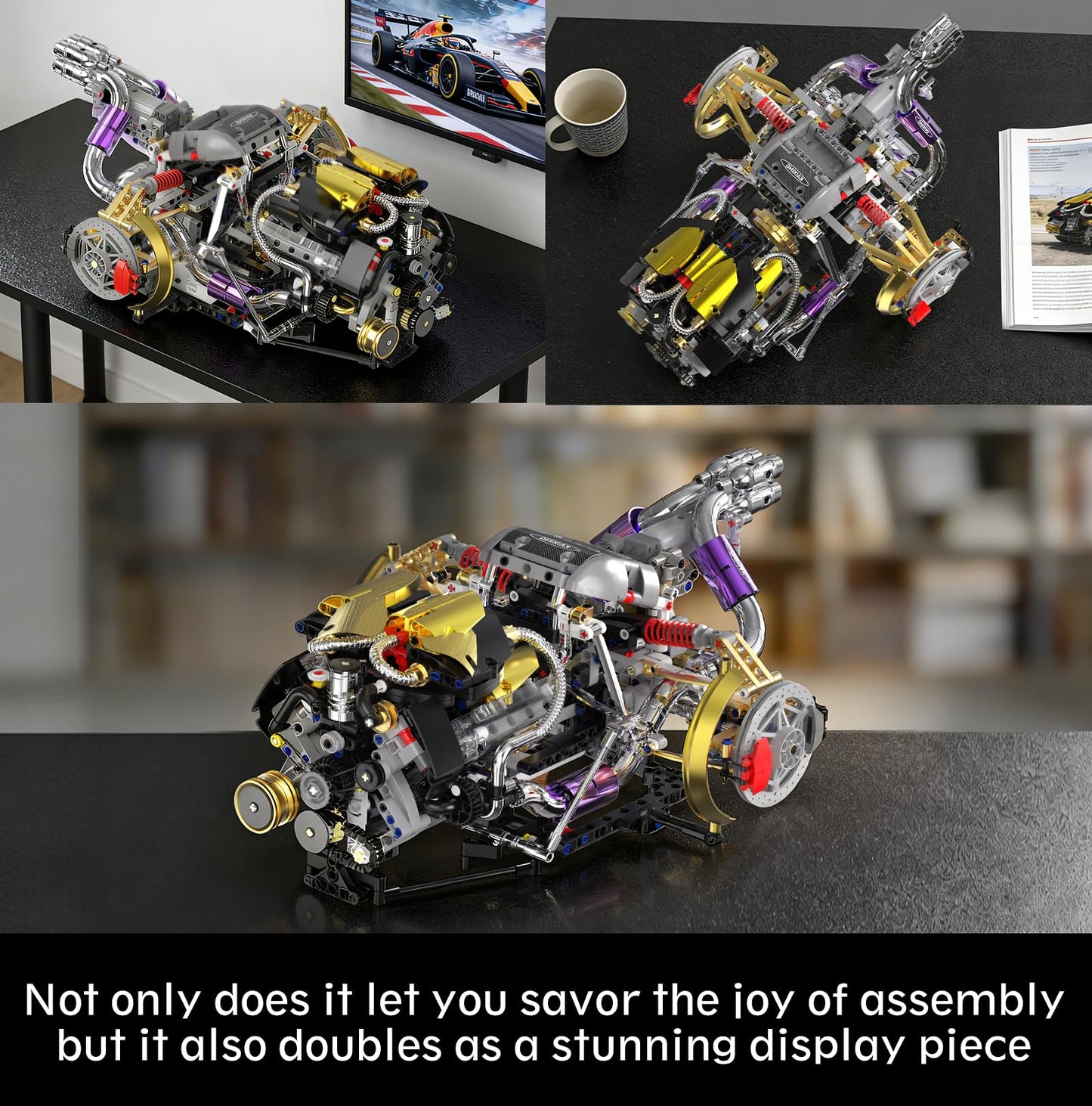 NEXTJOY V8 Engine Model Kit that Works, 1394 PCS Advanced Collectible Engine Building Block Sets with Lights & Spray, Exhibited Gift to Adults/Boys 8-14/Home Office Decor