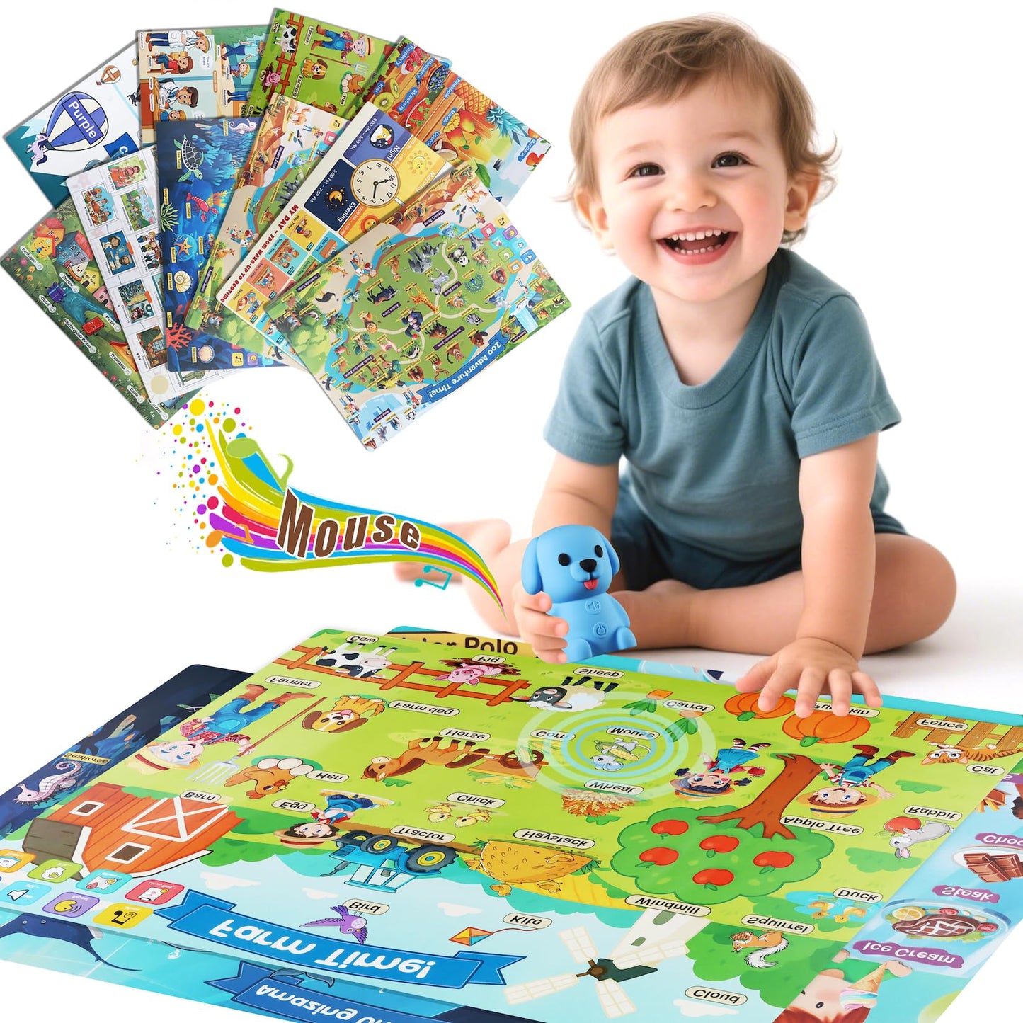 Learning Poster Mat with Talking Pen for Preschool Early Education Learning Toys, Talking Posters for Toddlers Ages 2-4 Grandkids, Interactive Sensory Autism Toys for Birthday Gifts
