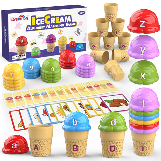 Ice Cream Color Sorting Toys for Toddlers, Montessori Learning Toys with ABC Letter Recognition Flash Cards for Preschool Kids (Alphabet)