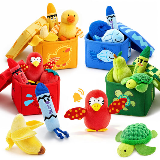 JoyCat Montessori Baby Toys 6-12 Months, 12 PCS Sensory Color Sorting Boxes with Animal Fruit Crinkle Crayon Pushies, First Learning Toys for 1 Year Old Baby Toys 0-12 Months
