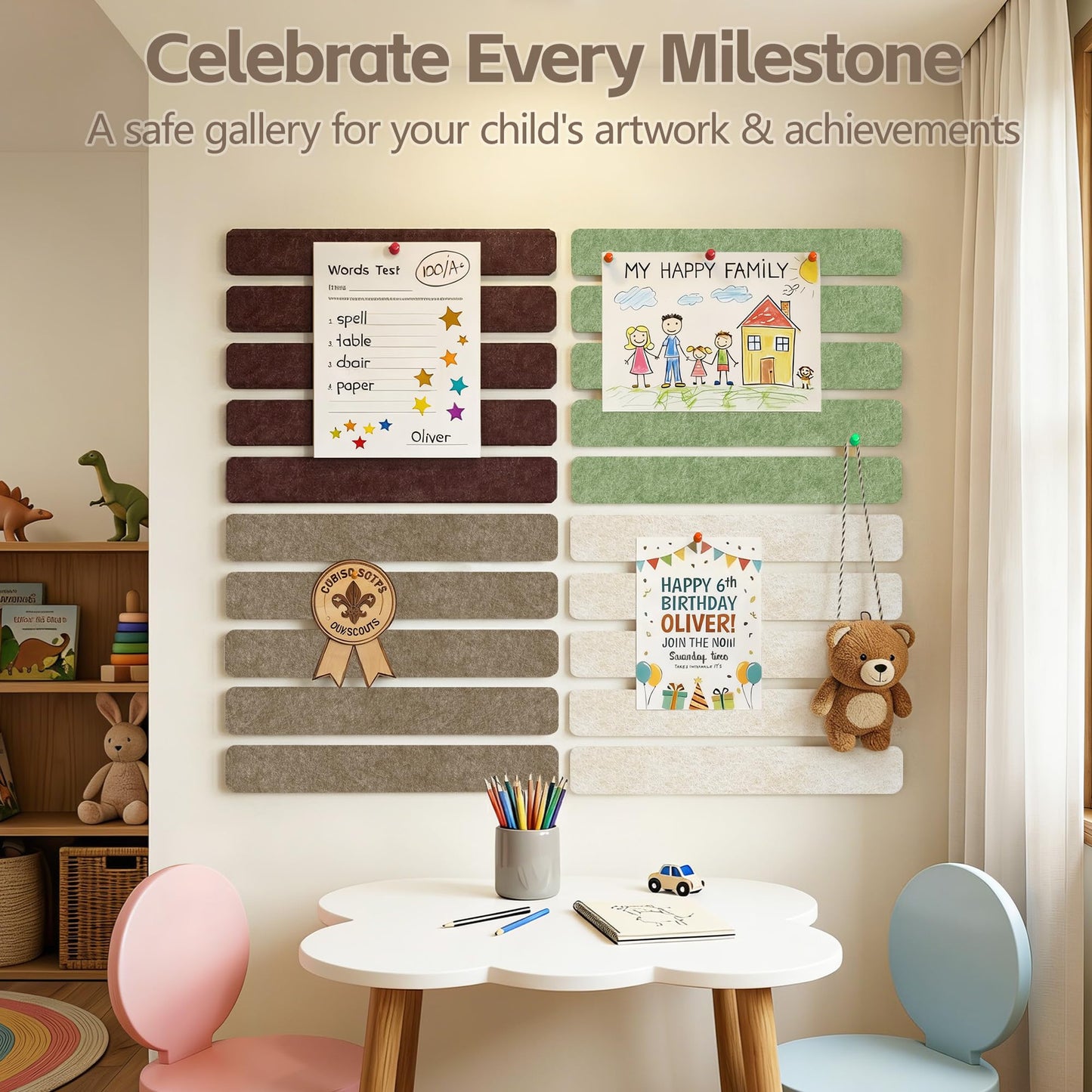 GoTiling Cork Board for Walls - 8 Pack Felt Pin Board Bar Strips - Self-Adhesive Lightweight Bulletin Board - Cork Board for Office with 40 Push Pins No Damage for Wall