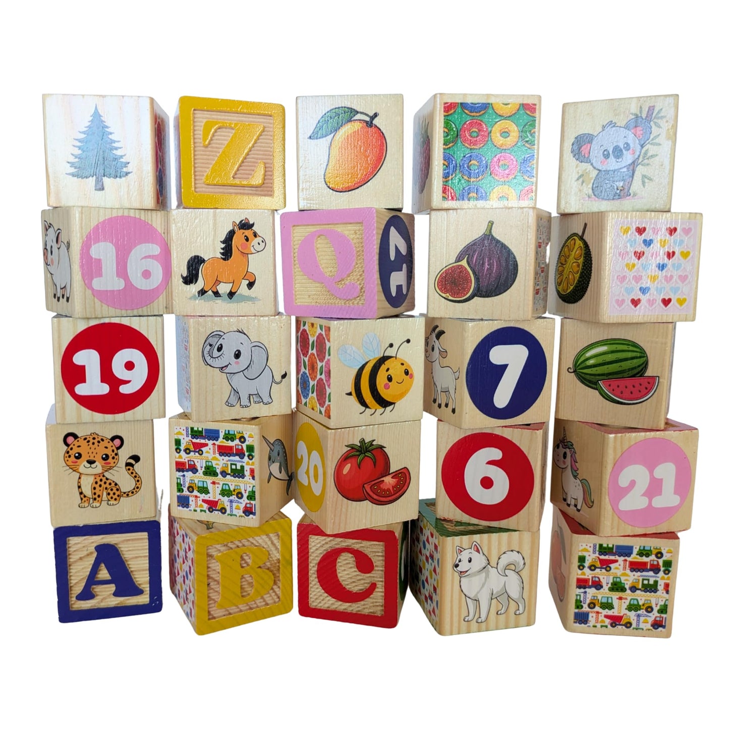 Tot Dojo ABC-123 Pine Wood Educational Blocks Set, 26 Pieces – Alphabet, Numbers, Animals, Fruits & Patterns for Toddlers
