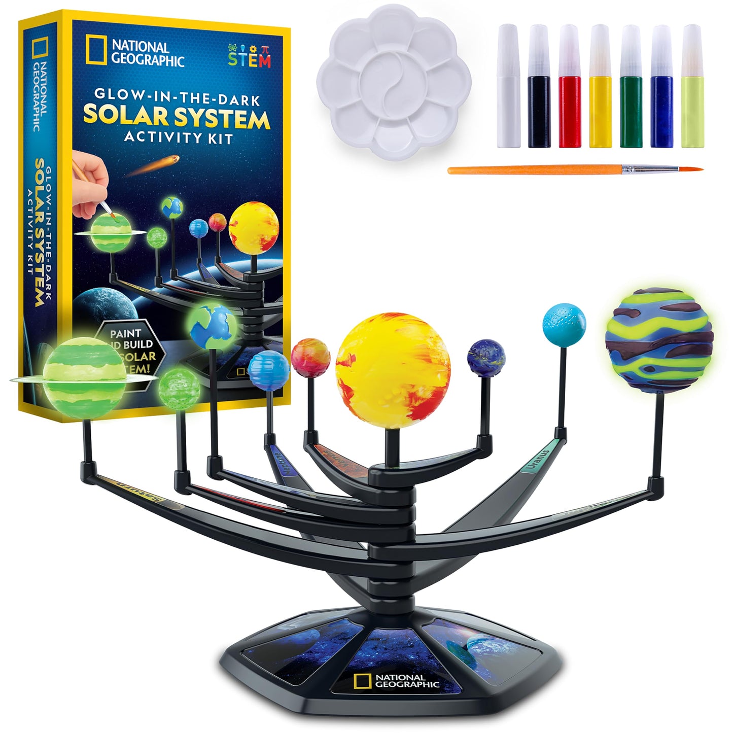 National Geographic Glow-in-the-Dark Solar System Model Kit for Kids - Build & Paint a 3D Planetary Model with Movable Arms, STEM Projects for Kids Ages 8-12, Space Themed Bedroom Decor