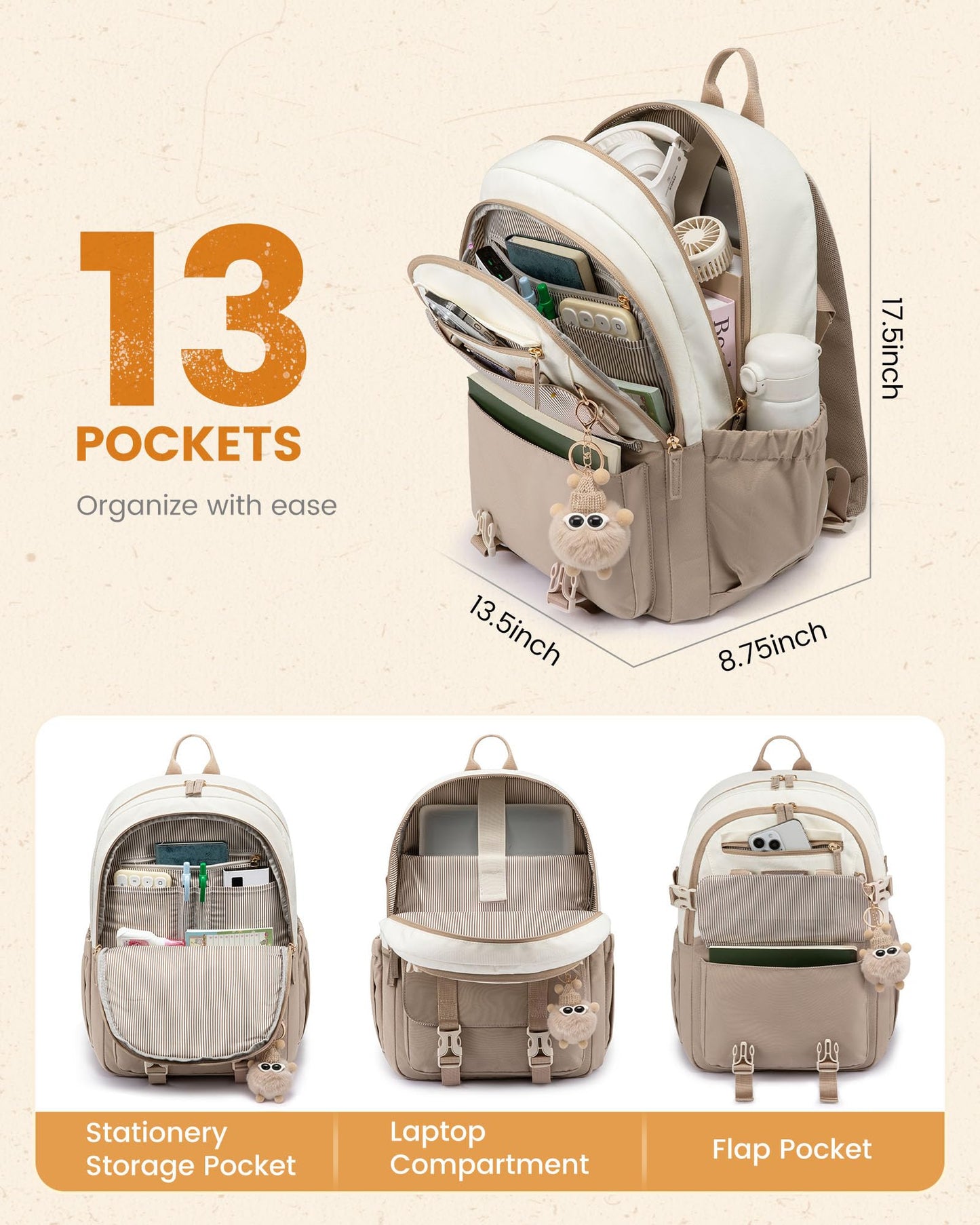 LOVEVOOK School Backpack for Teen Girls, Bookbag for 8-16 Student, Middle High College Back to School Cute Kids Backpack, 15.6 Inch, Purple-beige
