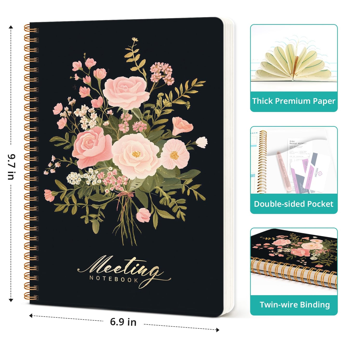 Meeting Notebook for Work Organization - Work notebook with action items, Meeting Minutes Planner Notebook, Perfect Office Supplies for Men & Women - Blush Bouquet