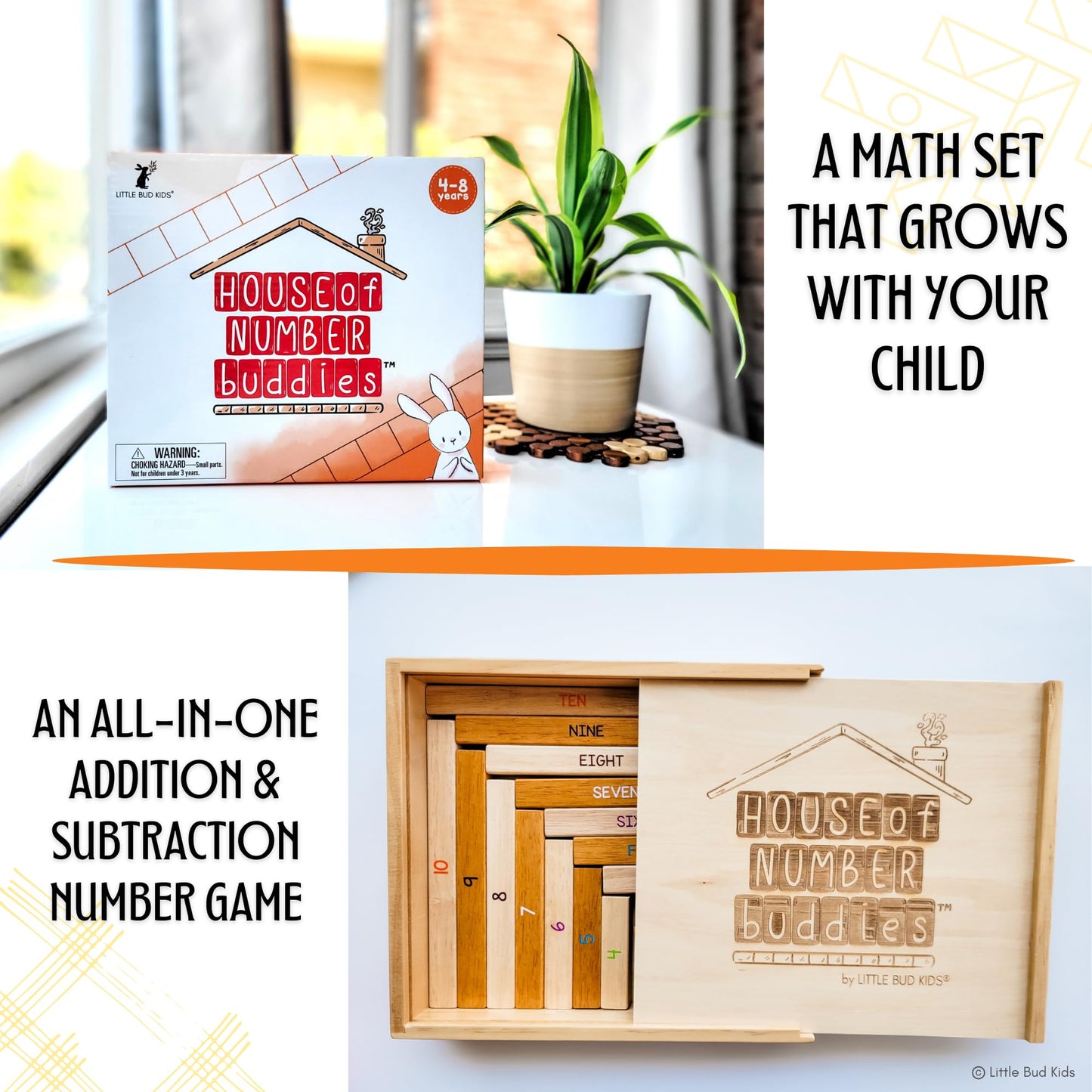 LITTLE BUD KIDS House of Number Buddies Math Game, a Number Bonds Math Toy with Counting Rods and Addition & Subtraction Flash Cards, a Montessori Material for Kids 4-8 Years Old