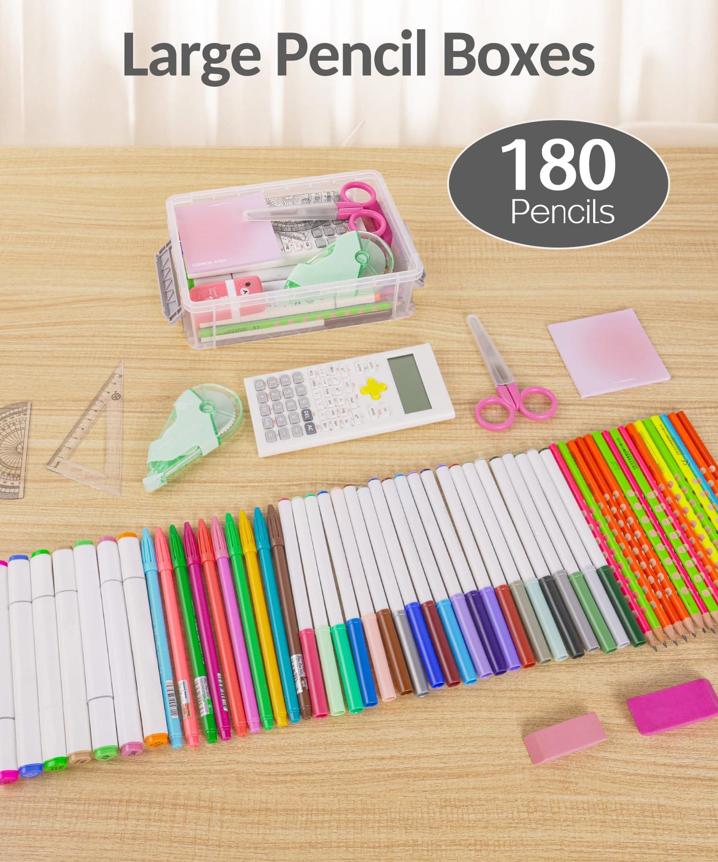 Sooez 6 Pack Extra Large Pencil Box, Plastic Pencil Case Crayon Box Bulk, Clear Marker Organizer Plastic Containers with Lid, Stackable Storage Boxes for Art Craft Pen, Back to School Supplies, Purple