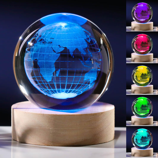 3D Globe Crystal Ball with LED Colorful Lighting Touch Base, Earth Decor Science Astronomy Gifts Solar System Space Gifts Decor