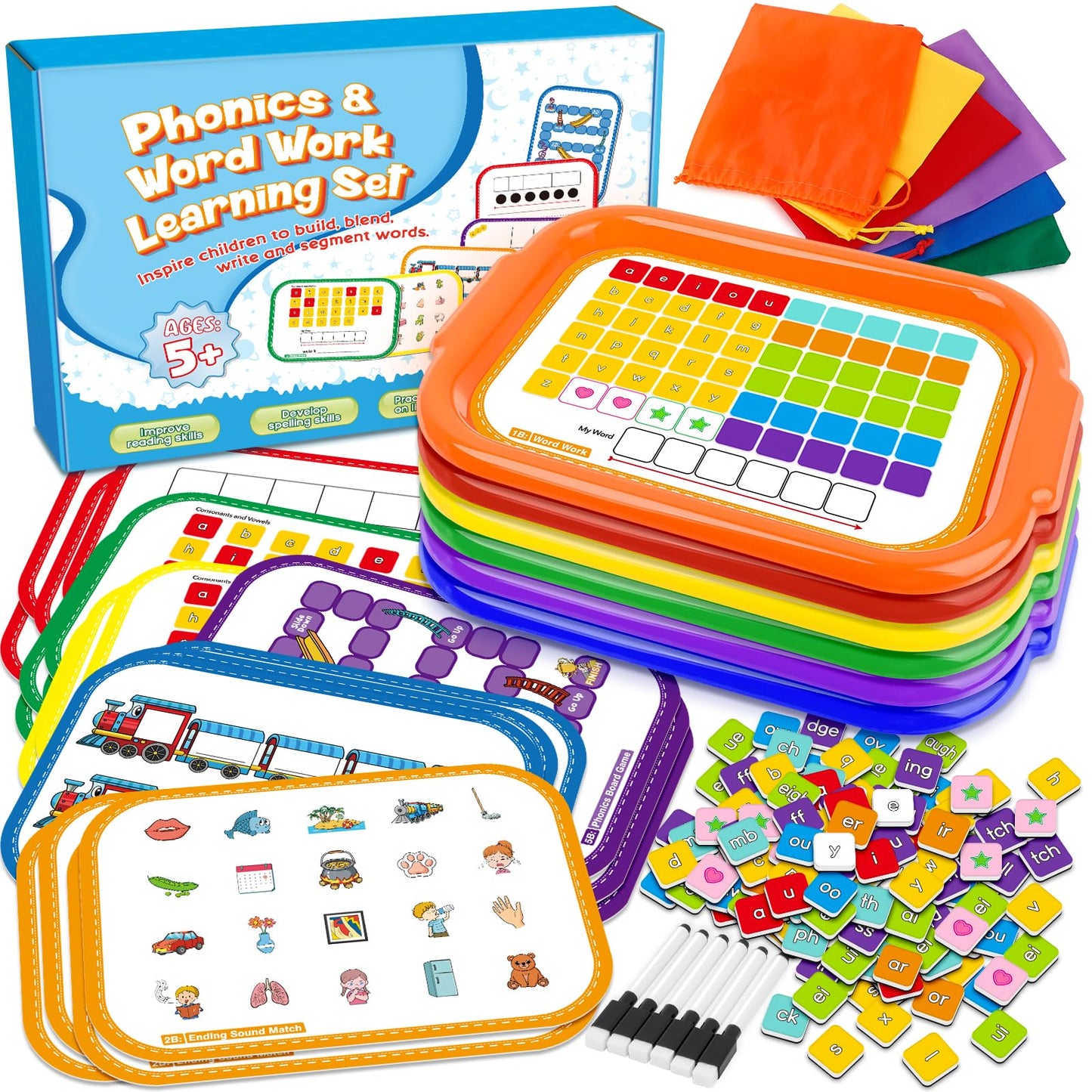 Phonics Magnetic Letter Tiles,6 Set Magnetic Letter Trays Word Work Study in Groups,Phonics Manipulatives Magnets for Kids Teaching Tiles,Phonemic Awareness,Science of Reading Classroom Must Haves