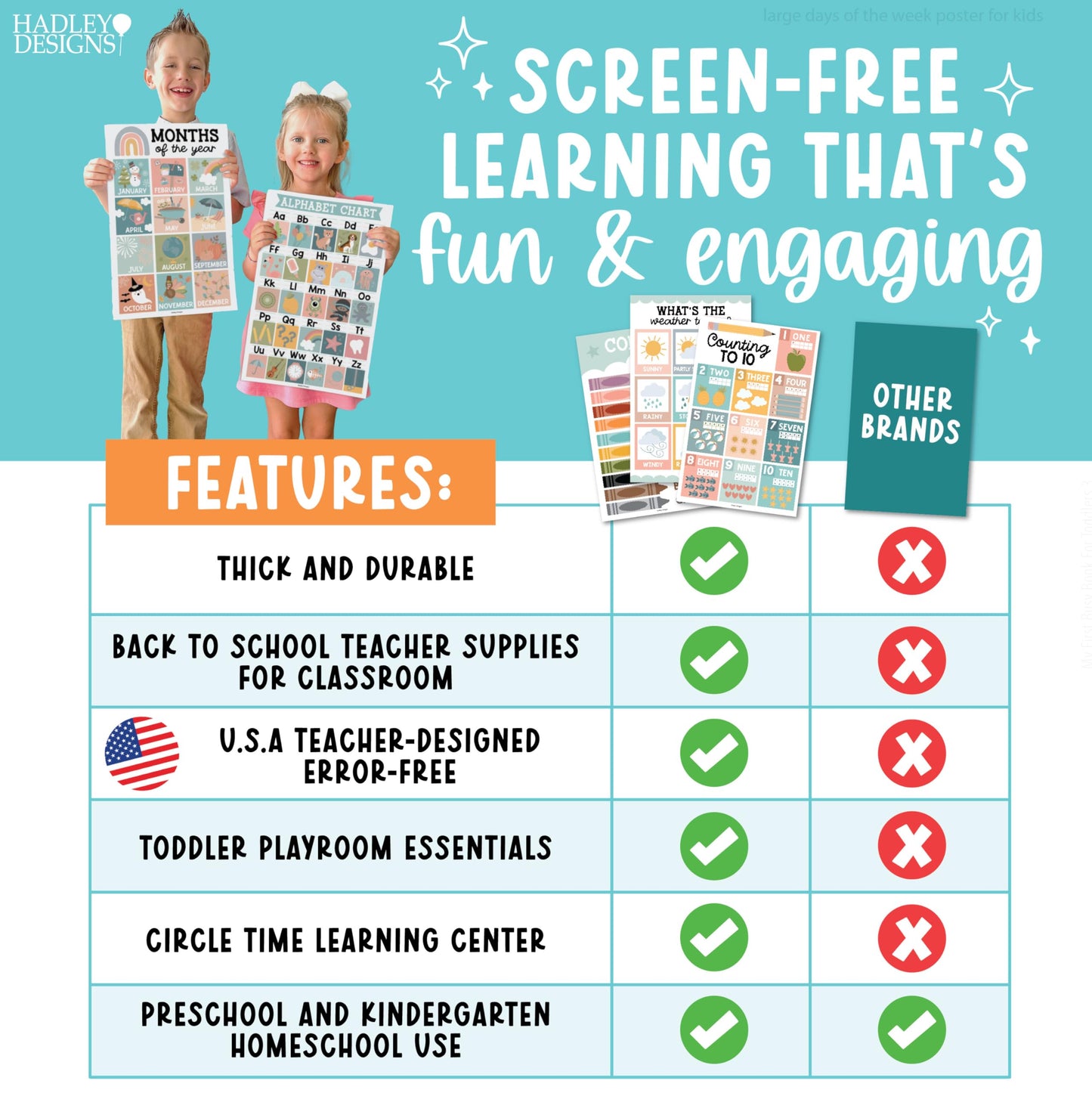 Hadley Designs 16 Educational Posters for Classroom Decor - Boho Educational Posters for Toddlers 1-3, Toddler Learning Posters for Kids Ages 3-5, Kindergarten & Preschool Classroom Must Haves