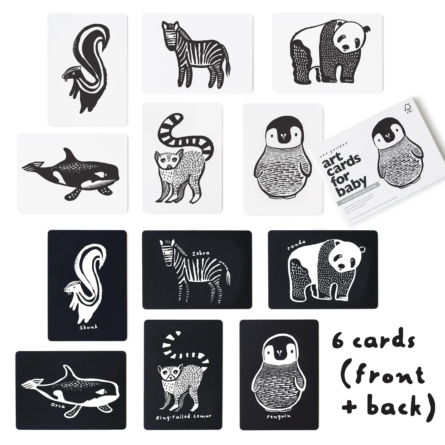 Wee Gallery Art Cards for Baby, Durable High Contrast Black and White Animal Flashcards for Newborns, Brain Development,Tummy Time Essentials for Infant and Toddler - Black and White Animals