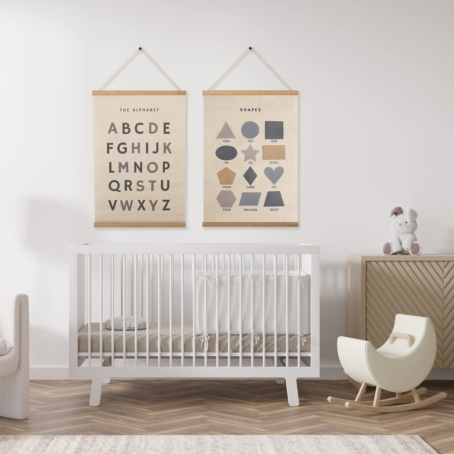 Bon et Beau 16×24 Inch Embroidered Shape Poster Framed with Wood Hanger - Neutral Gray Wall Decor for Boys Nursery, Bedroom, Playroom, Toddler and Kids Room