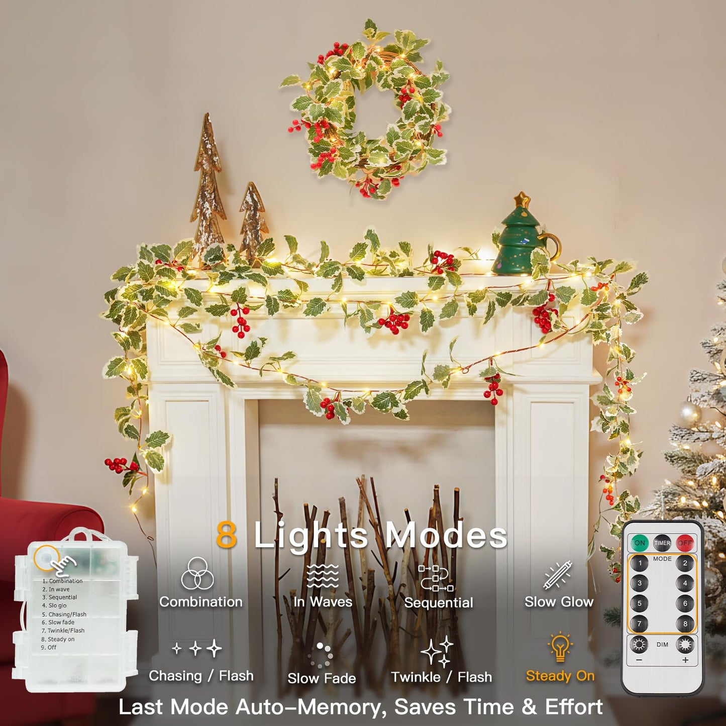 suddus 40 LED Battery Powered Christmas Fairy Lights, 12.5ft Vine String with Red Berries & Holly Leaf, Ideal for Xmas Decor