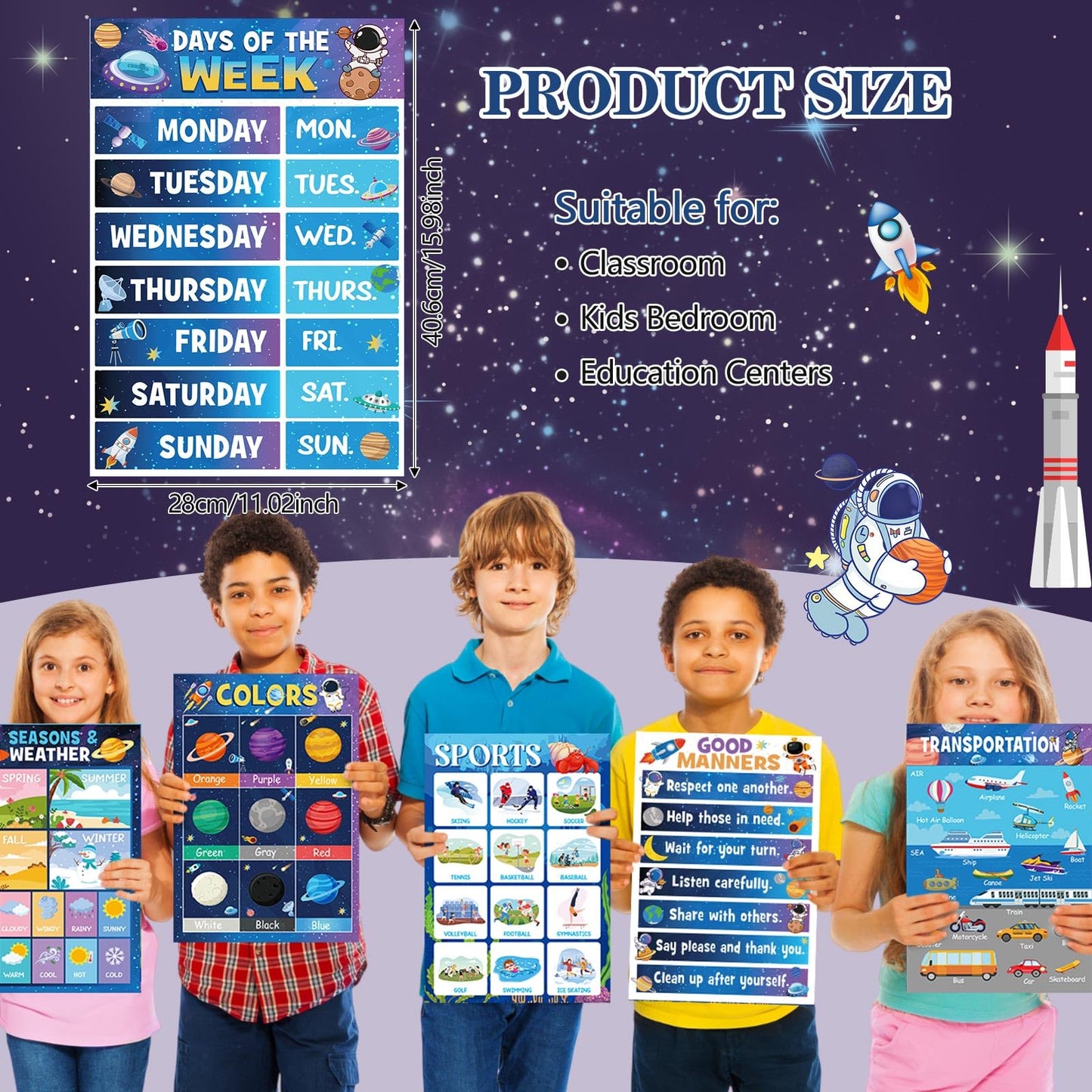 Funrous 18 Pcs Space Educational Posters for Classroom Decorations Preschool Kindergarten Elementary Toddlers Prek Learning Chart Material Us World Map, Abc Alphabet, Shapes, Numbers, Days of The Week