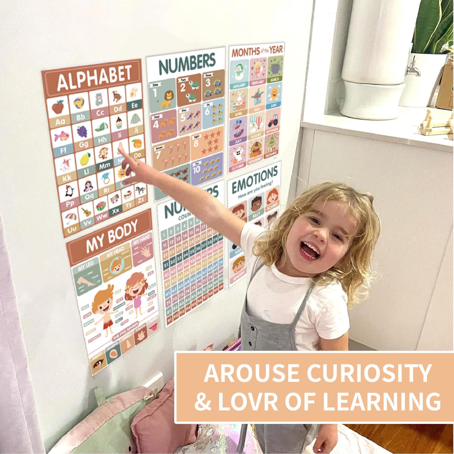 Sruchy 18 Boho Educational Posters for Classroom, 11x17in Laminated Educational Preschool Posters for Toddlers 1-3-5 Years Old - Homeschool, Kindergarten Classroom and Kids' Walls Decor