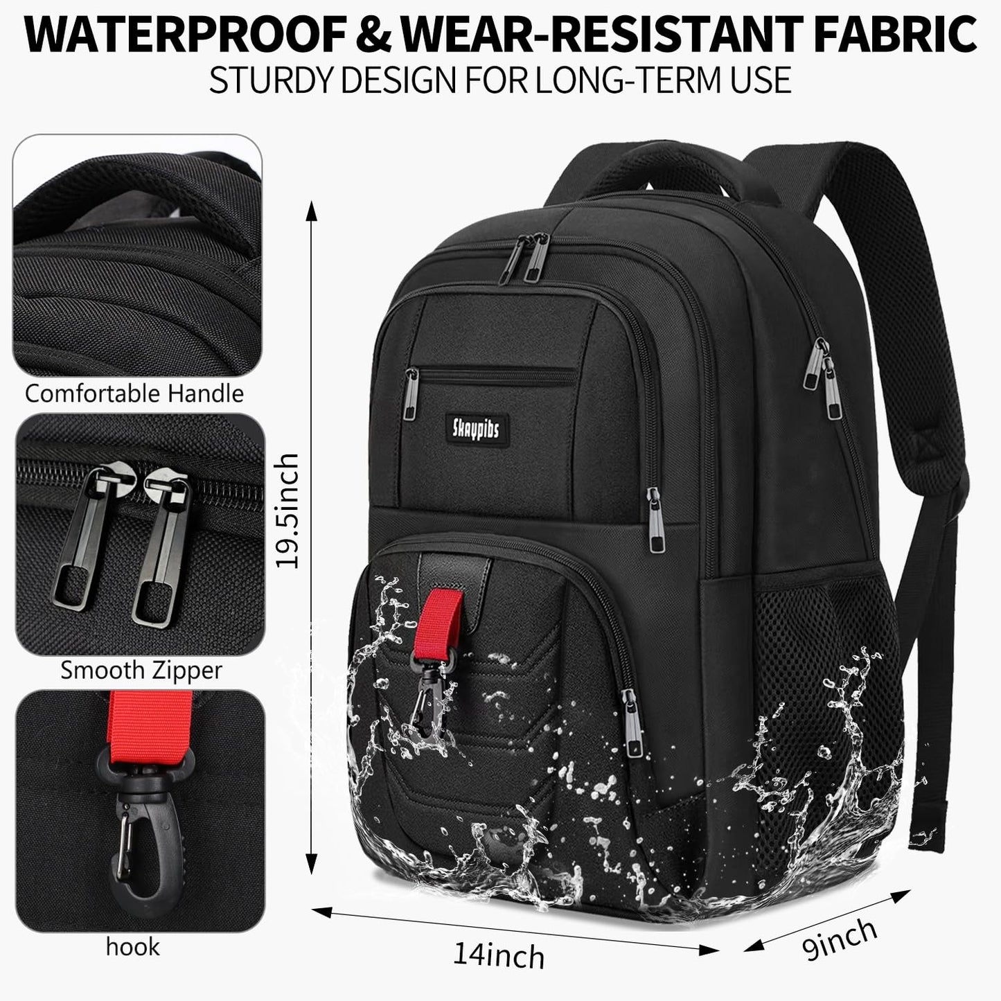 Skaypibs School Backpack for Boys Girls Teens, Black Backpack for Men Women, 17.3 Inch Laptop Backpacks with USB Port, Water Resistent book bag, Work College Bookbag, back pack