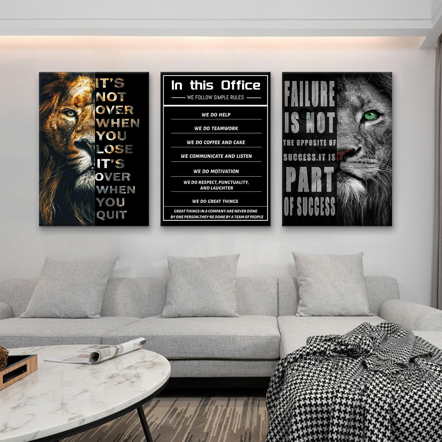 PSYYSP Motivational Triptych Wall Decor Lion Failure Success Canvas Art, Black Office Quote Posters for Office, Gym, Living Room, Workspace, Framed Canvas 60x28inch Set