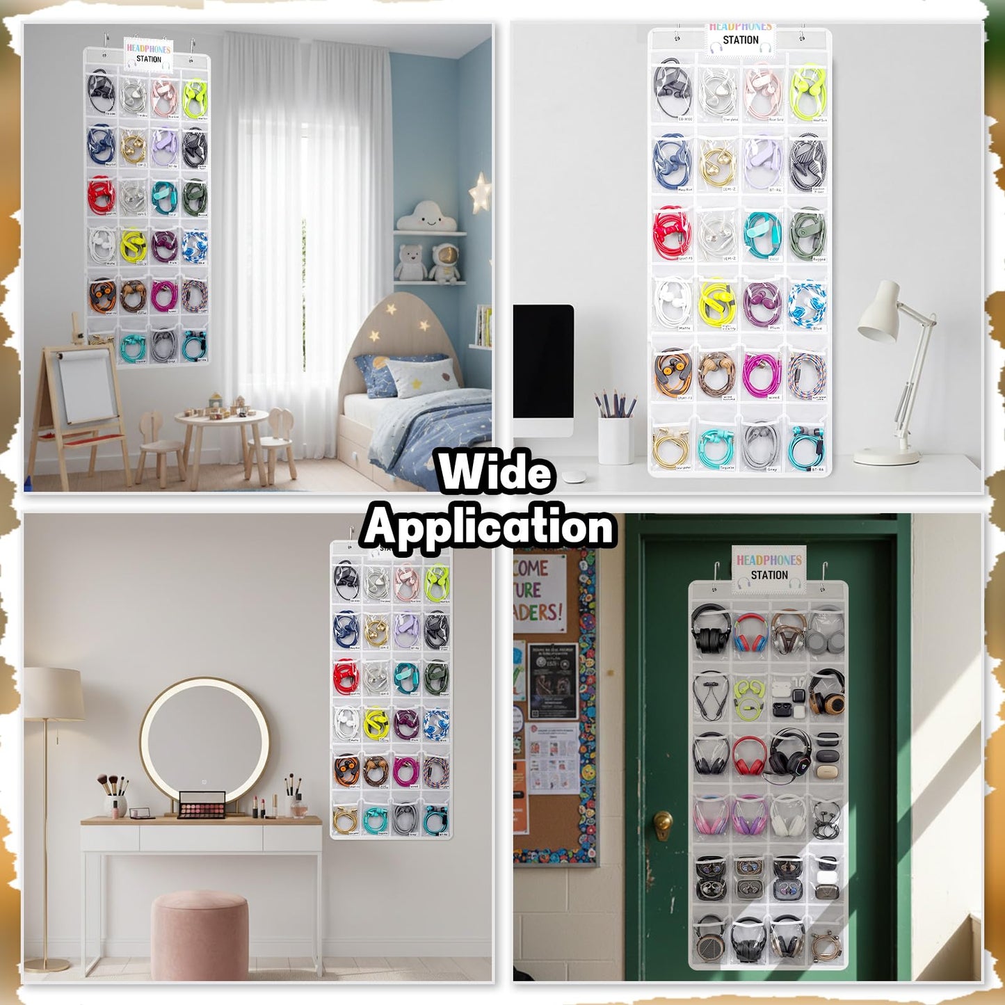 Maasechs Classroom Headphone Storage Organizer 24 PVC Clear Over The Door Hanging Classroom Headphone Holder Pocket with 4 Hooks for School Library(White)