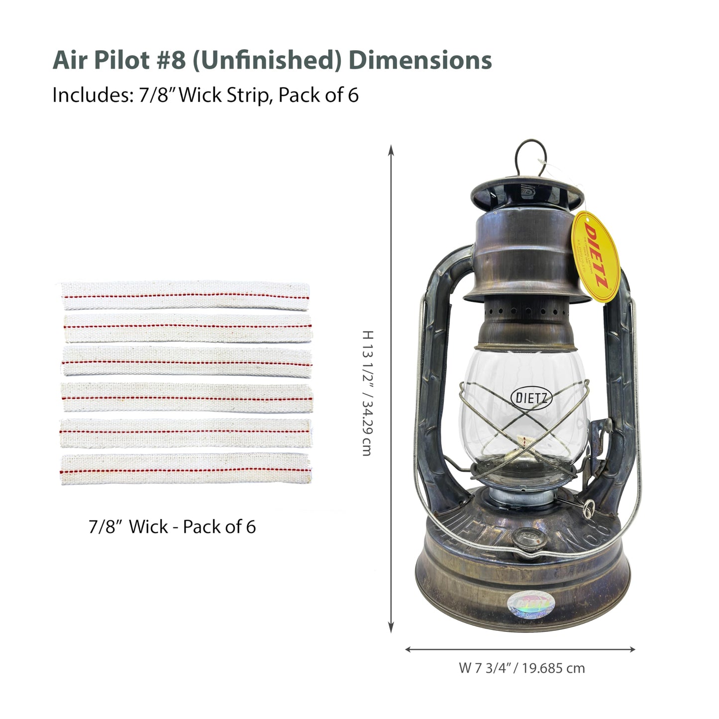 LIGHT OF MINE Unfinished Oil Lantern - Dietz #08, Metal, Multicolor, Model LOM-LAMP-8, Includes 7/8in Replacement Wick Strips